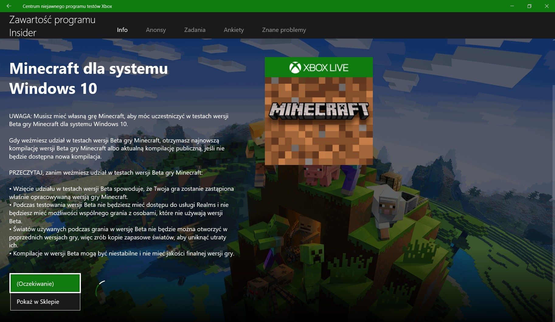Minecraft RTX - program Xbox Insider