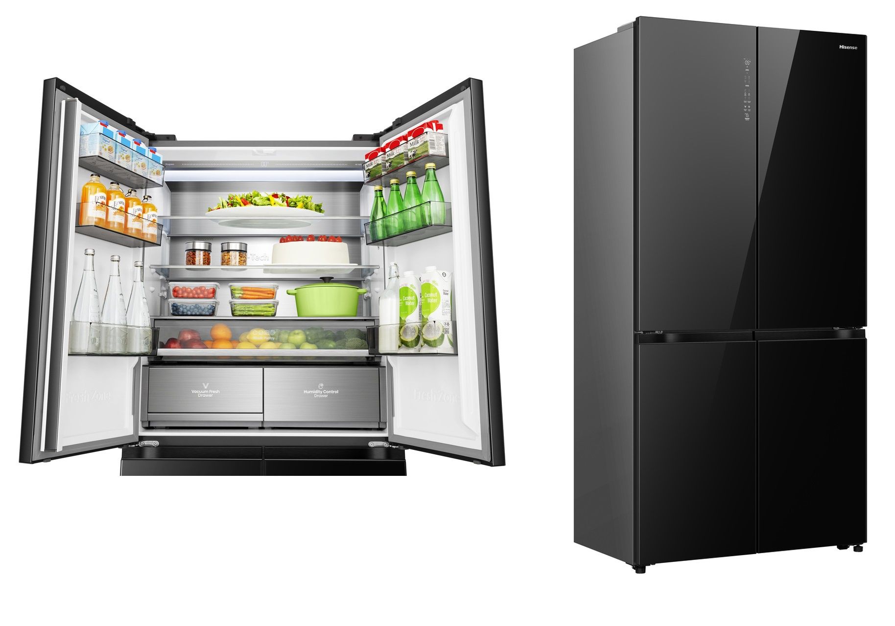 Zamknięta i otwarta lodówka multidoor Hisense RQ768N4GBE  Źródło: https://pl.hisense.com/