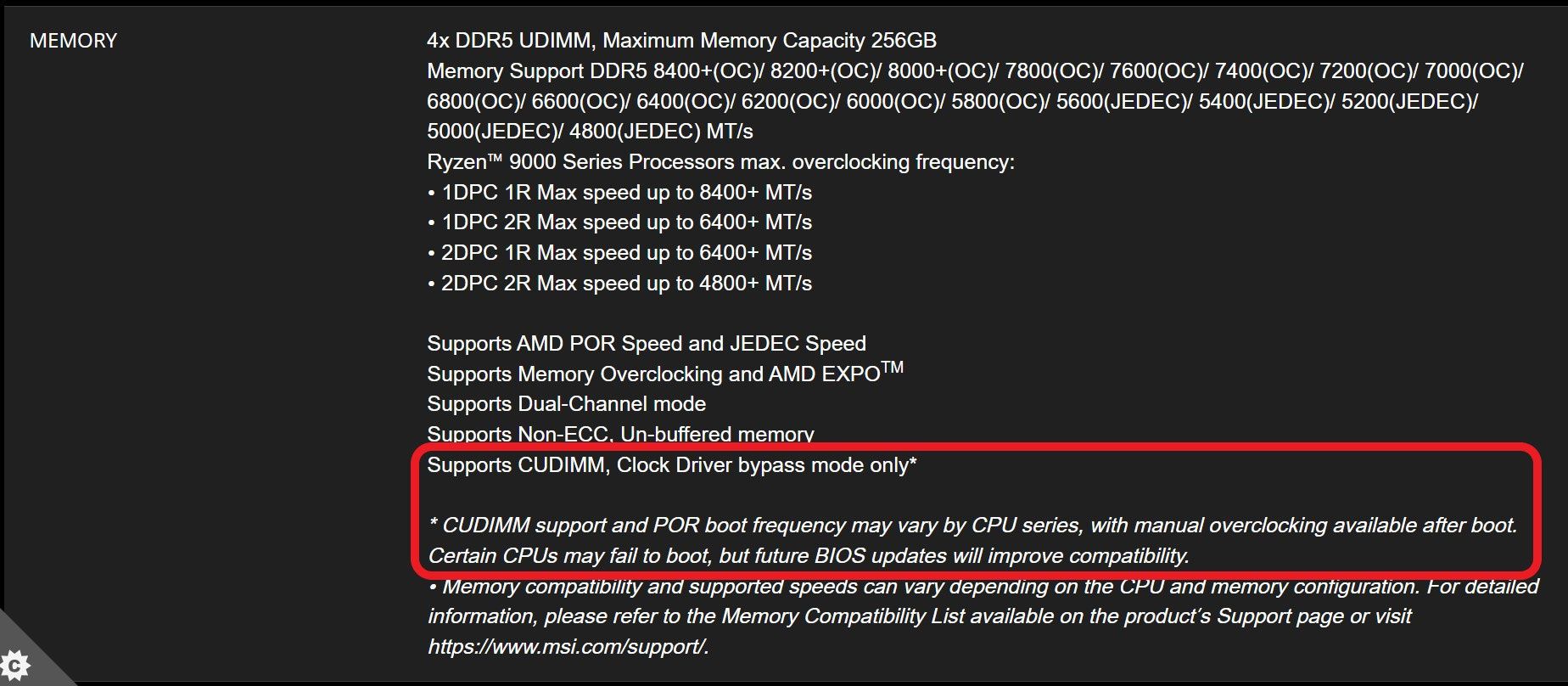MSI MEG X870E Godlike - obsługa pamięci CU-DIMM