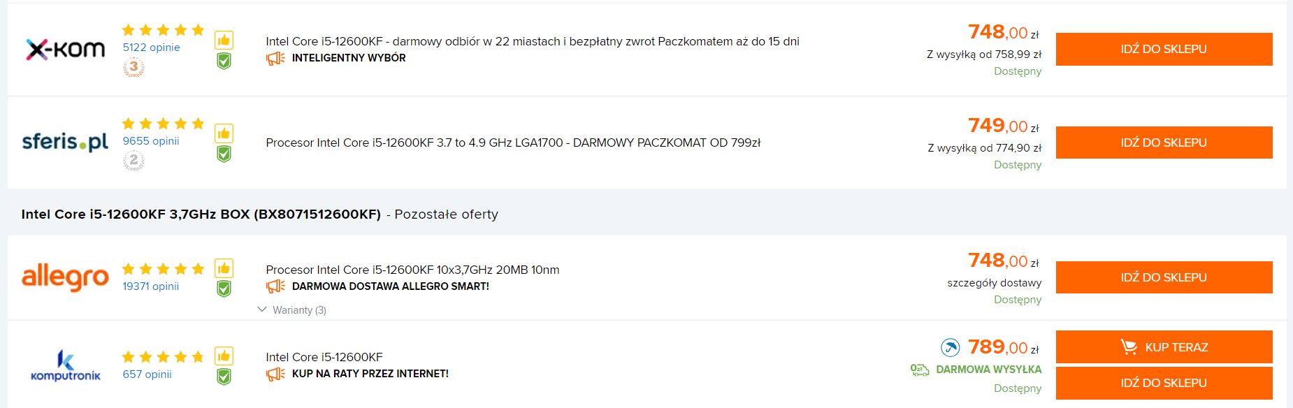 Intel Core i5-12600KF - ceny