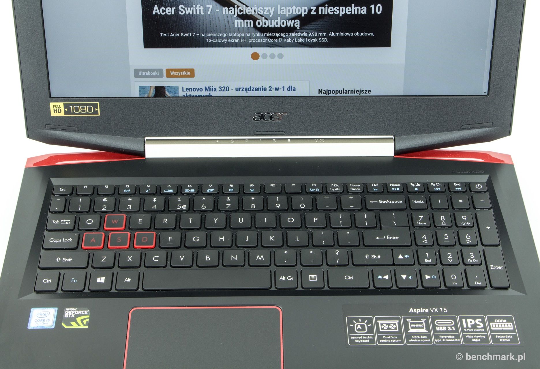 Acer Aspire VX 15 klawiatura i panel roboczy