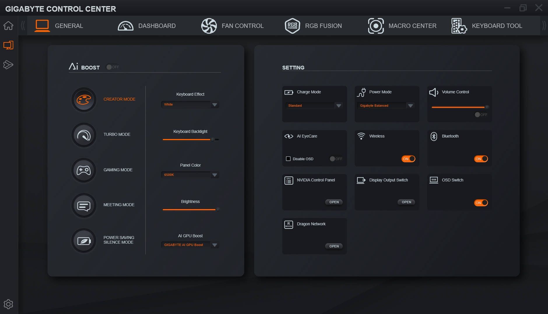 Gigabyte Aorus 17 XE4 - aplikacja Gigabyte Control Center