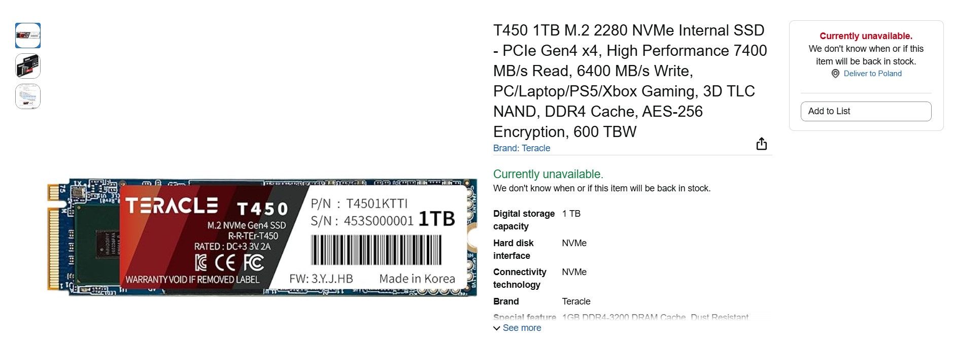 Dysk Teracle T450 - niedostępny w sklepie
