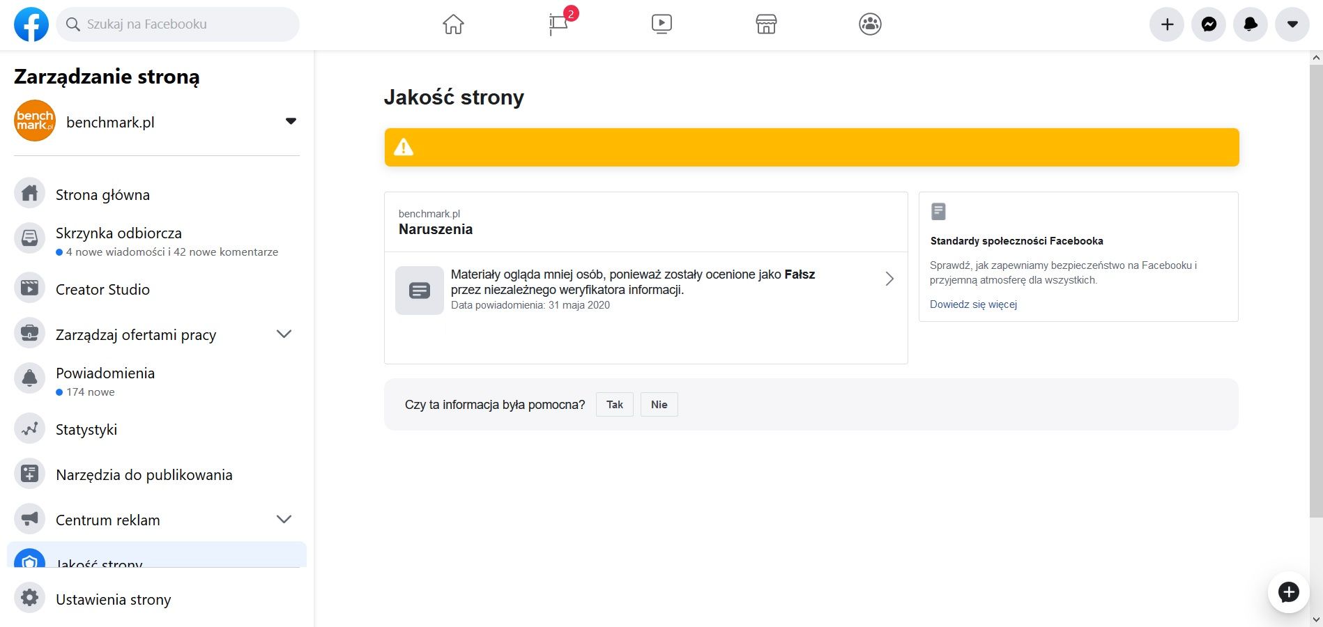 Ostrzeżenie faccebook - naruszenie