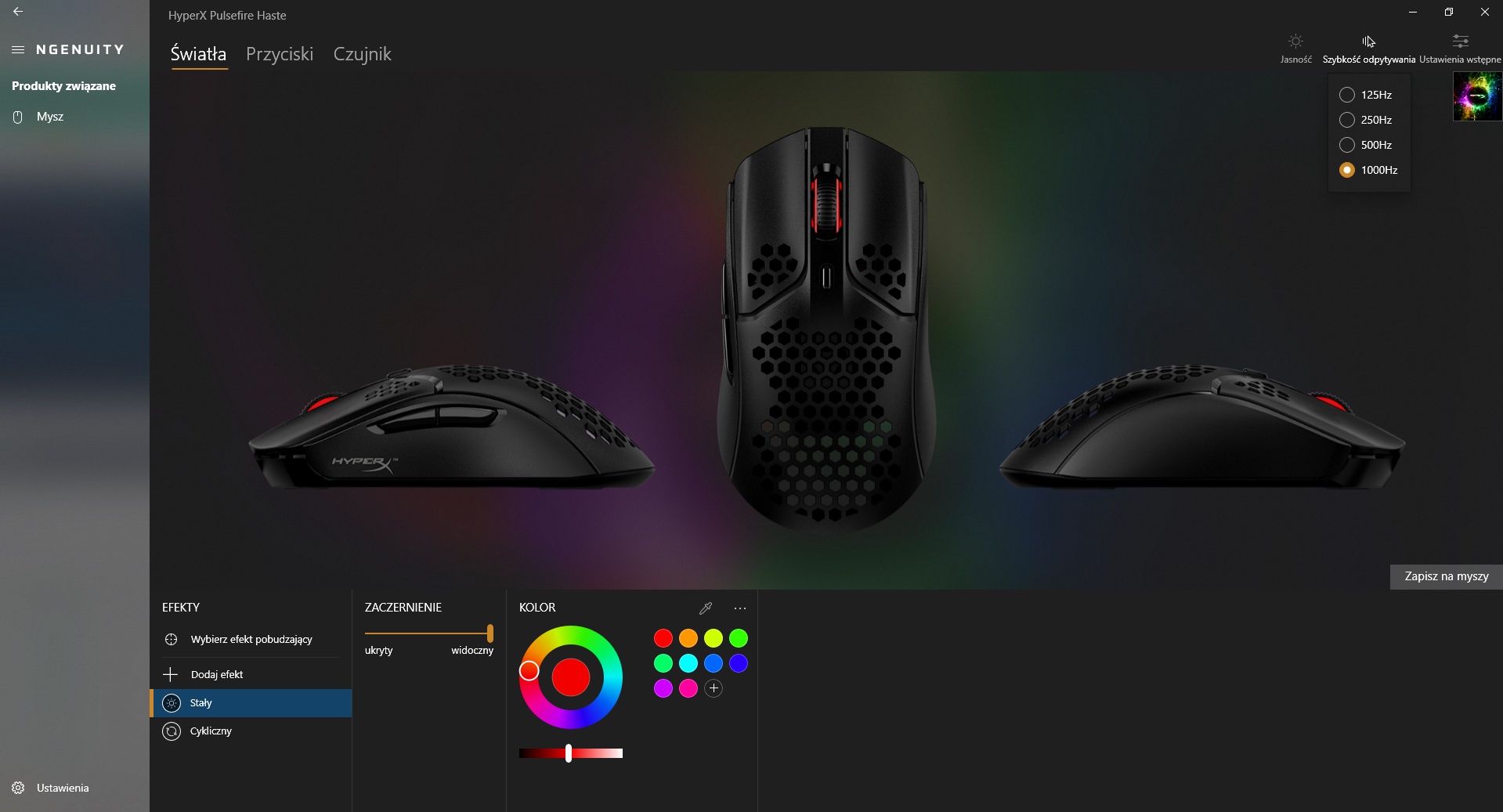 HyperX Pulsefire Haste - opcje podświetlenia i odświeżania