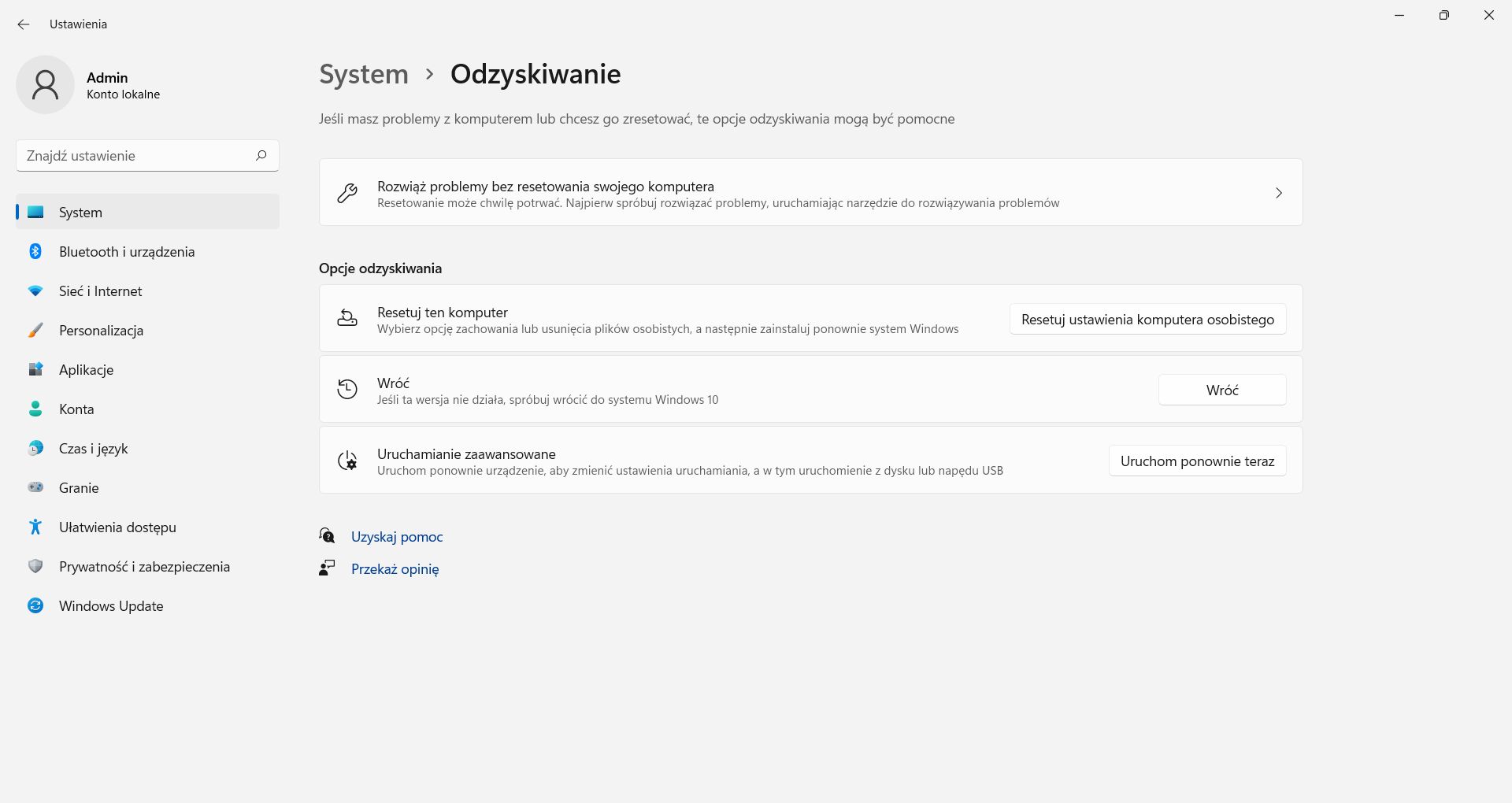 Windows 11 - menu Odzyskiwanie