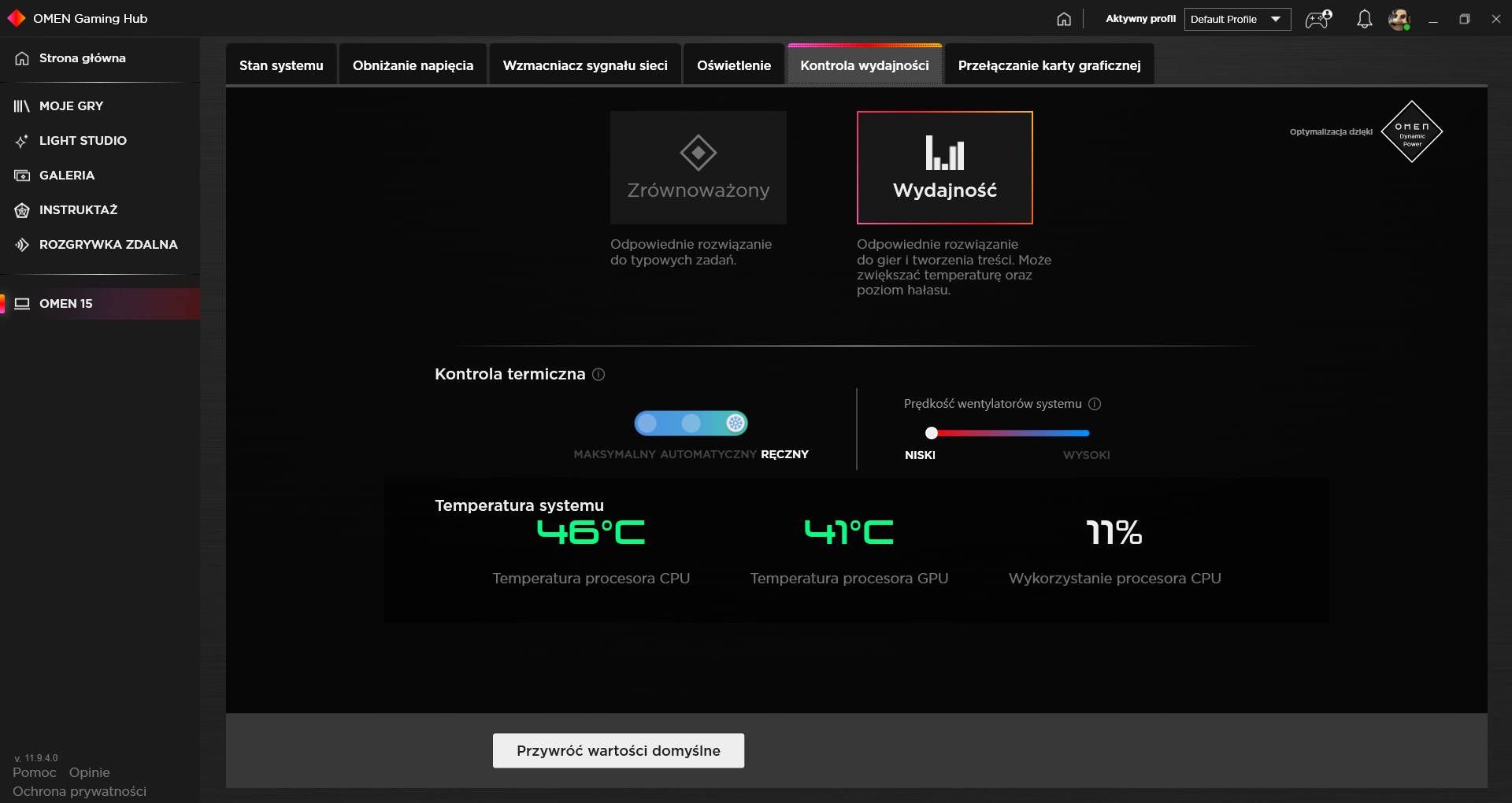 OMEN Gaming Hub - Sterowanie wentylatorami