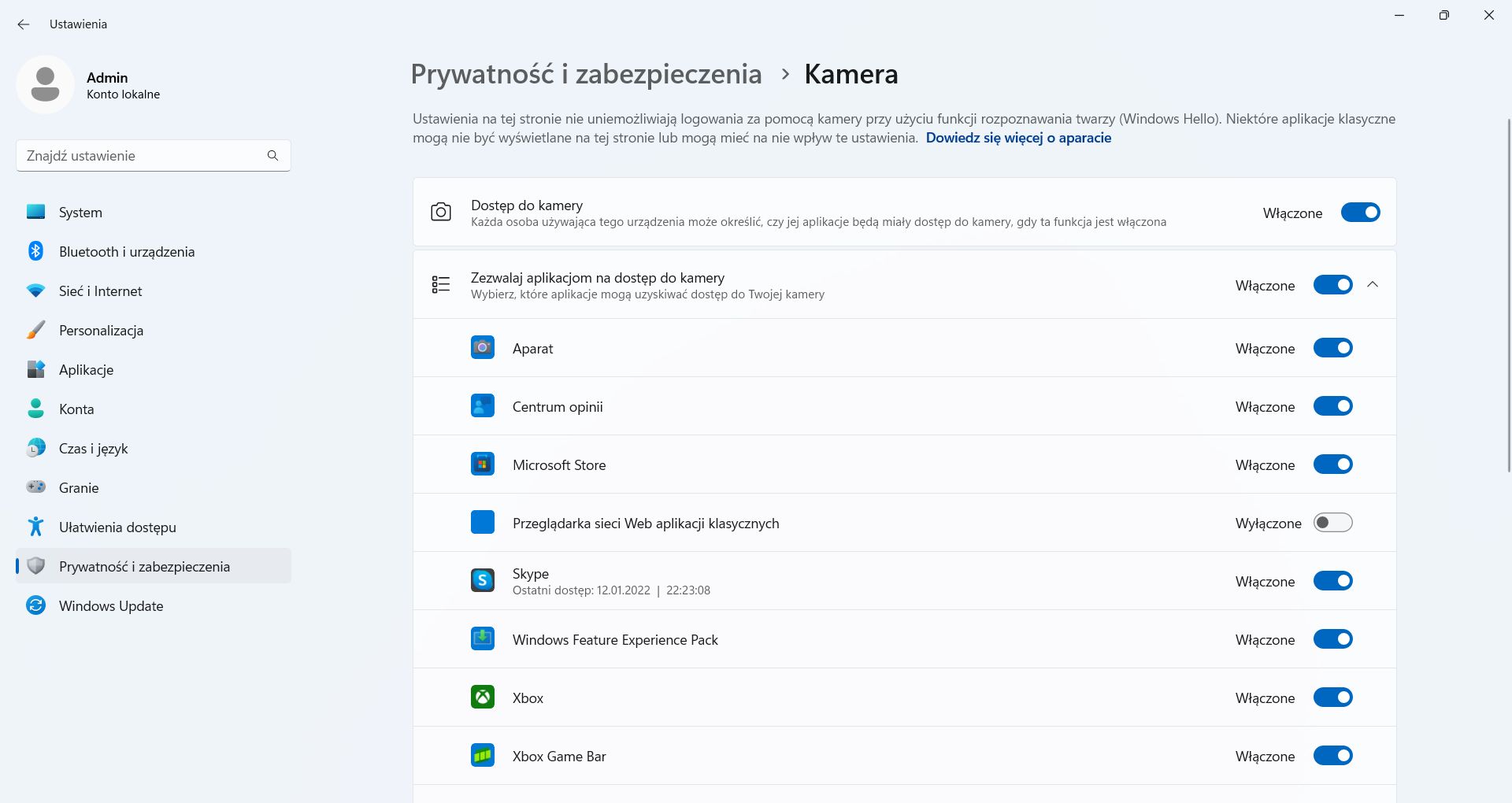 Windows 11 - ustawienia dostępu do kamerki internetowej