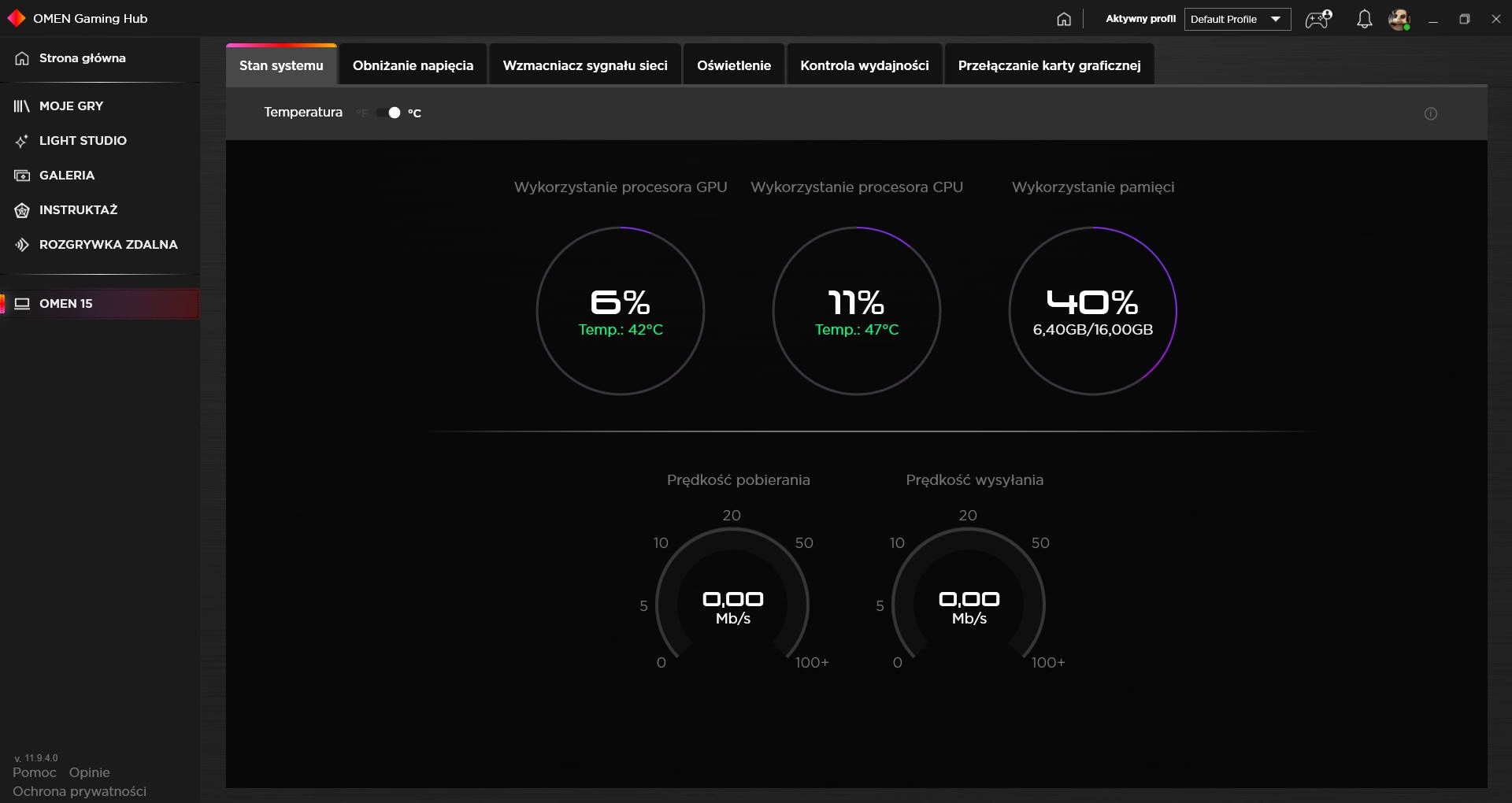 OMEN Gaming Hub - status urządzenia