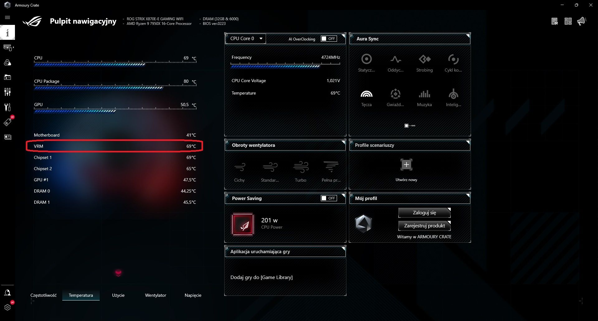 ASUS ROG Strix X870E-E Gaming WIFI - temperatura sekcji zasilania