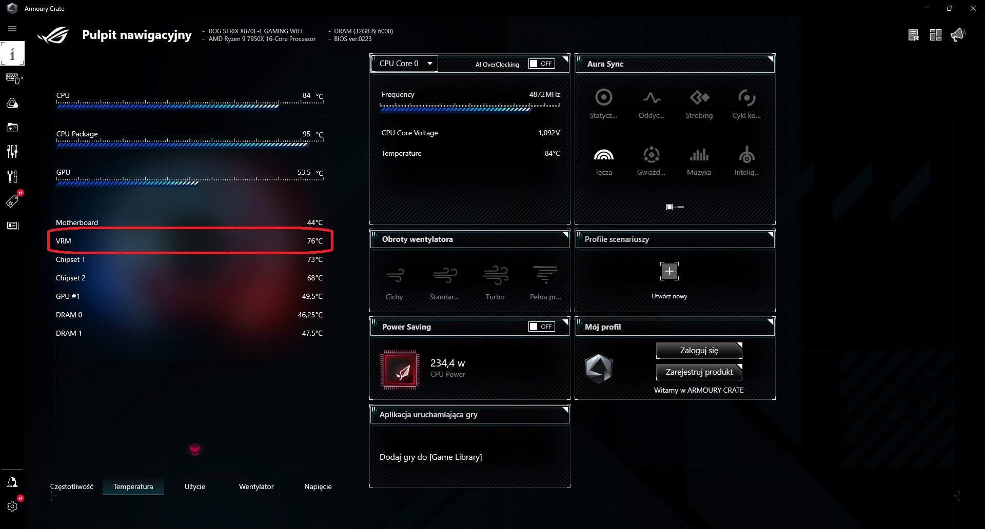 ASUS ROG Strix X870E-E Gaming WIFI - temperatura sekcji zasilania