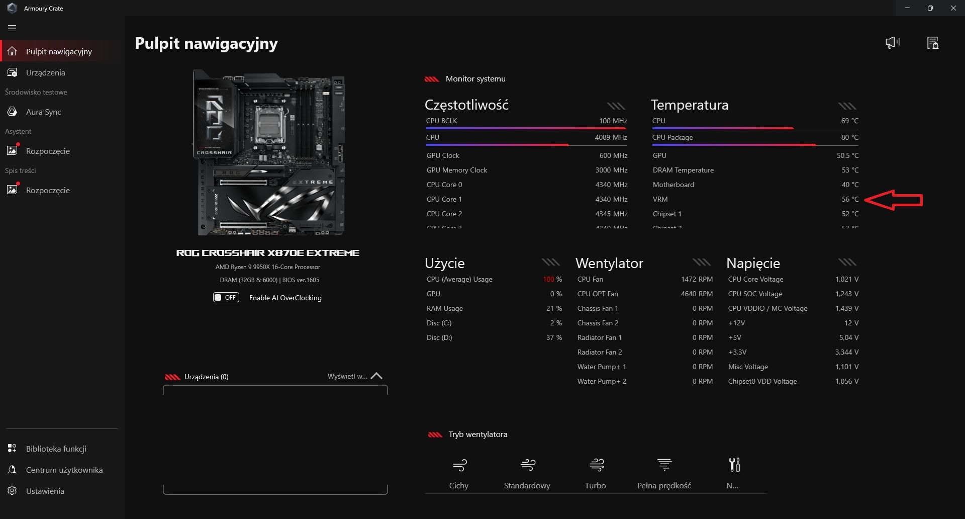ASUS ROG Crosshair X870E Extreme - temperatura sekcji zasilania