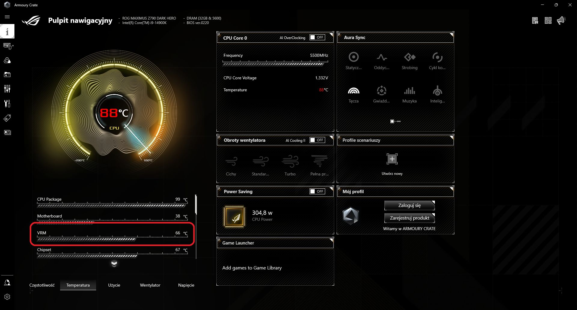 ASUS ROG Maximus Z790 Dark Hero - temperatura sekcji zasilania