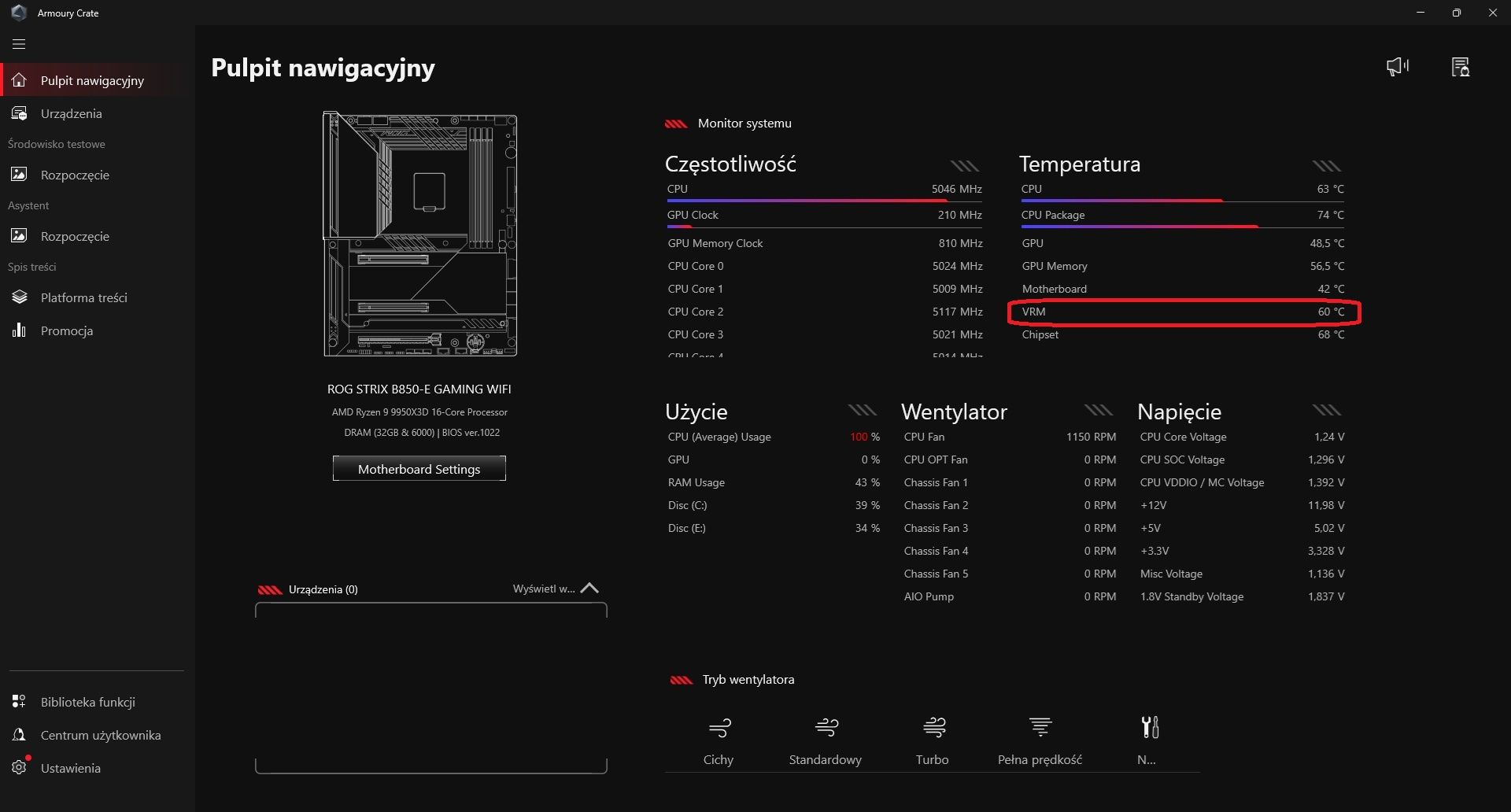 ASUS ROG Strix B850-E Gaming WIFI - temperatura sekcji zasilania