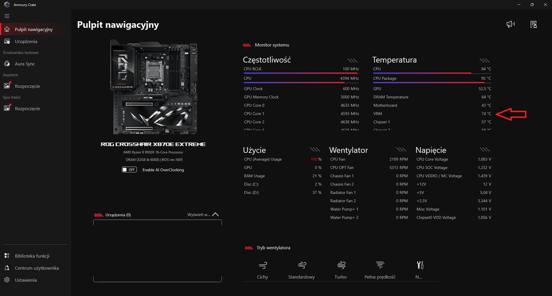 ASUS ROG Crosshair X870E Extreme - temperatura sekcji zasilania