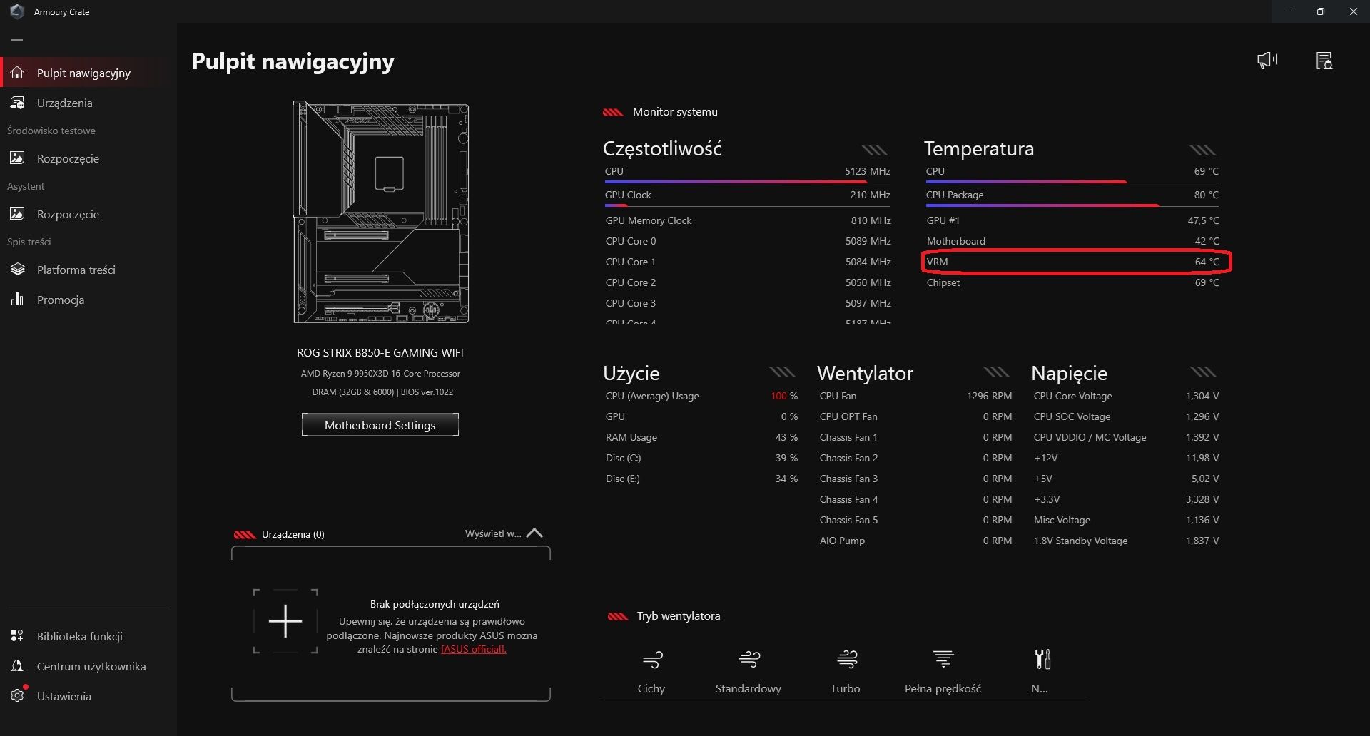 ASUS ROG Strix B850-E Gaming WIFI - temperatura sekcji zasilania