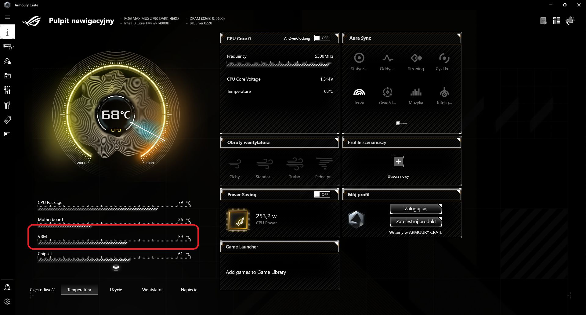 ASUS ROG Maximus Z790 Dark Hero - temperatura sekcji zasilania