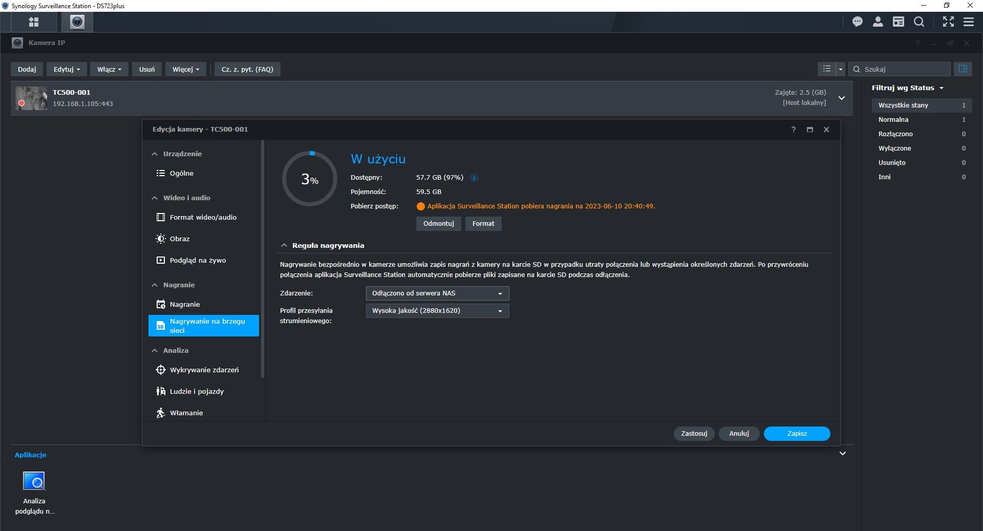 Synology TC500 - synchronizacja nagrań