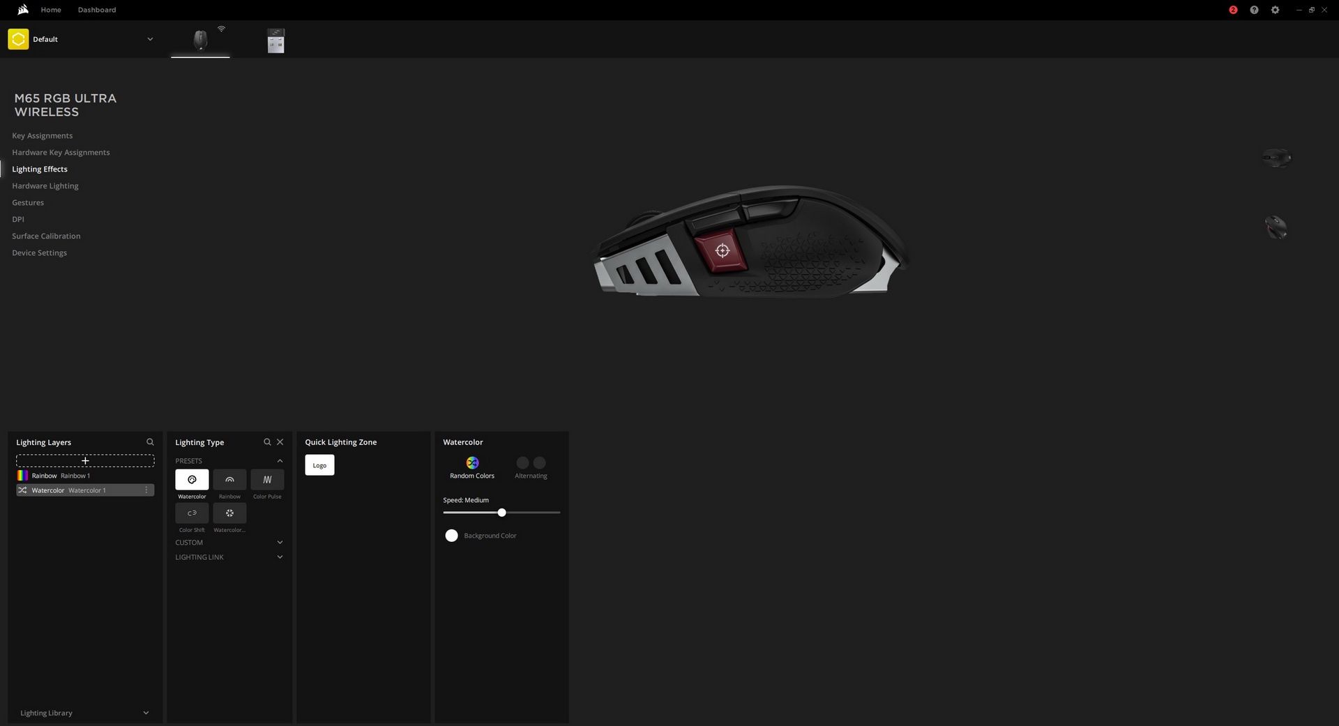 Corsair M65 RGB Ultra Wireless vs Corsair Sabre RGB Pro Wireless - ustawienia podświetlenia M65 RGB Ultra Wireless