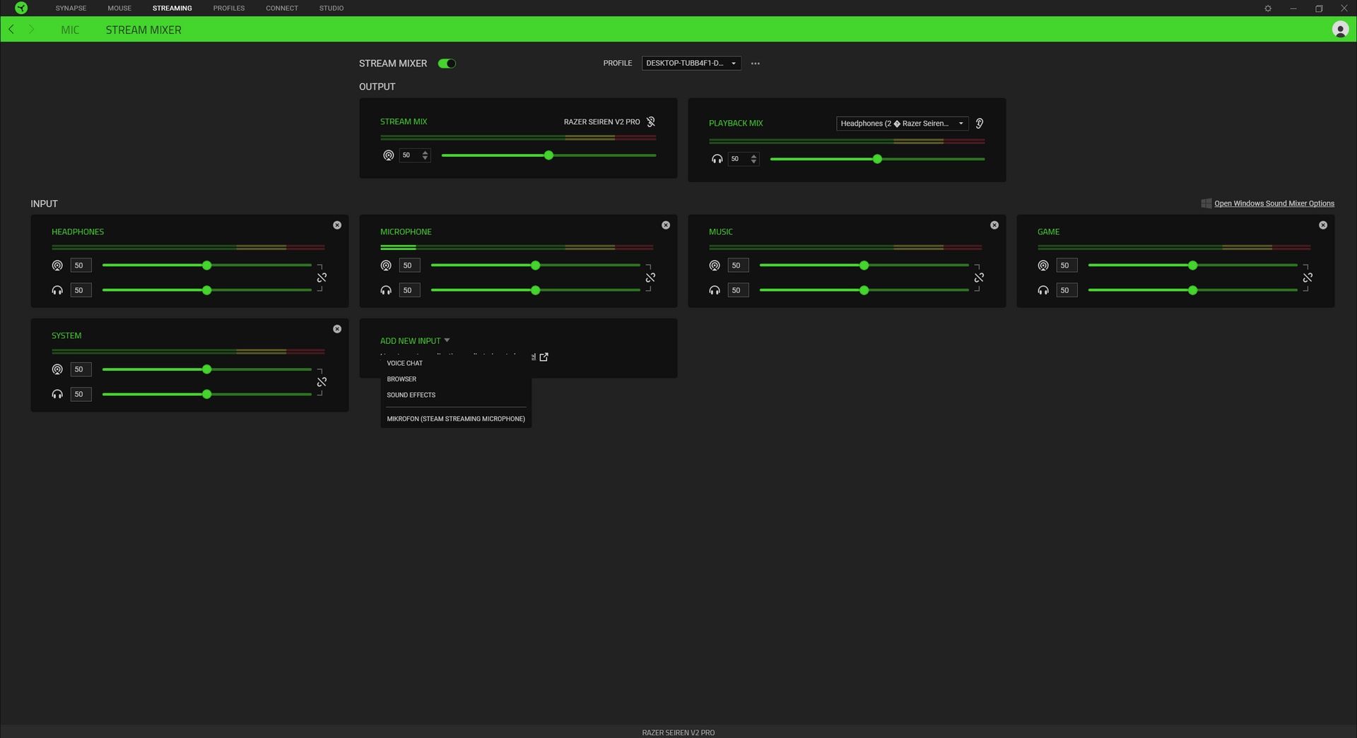 Razer Seiren V2 Pro - stream mixer w aplikacji Razer Synapse