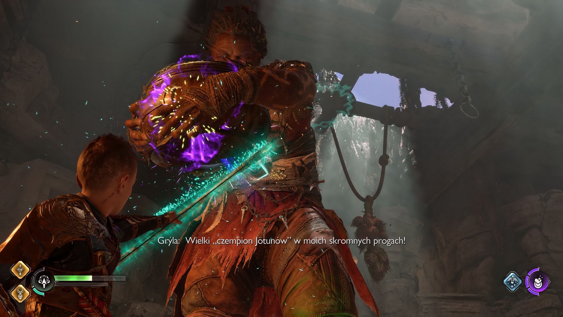 God of War: Ragnarok - Atreus walczy z gigantką