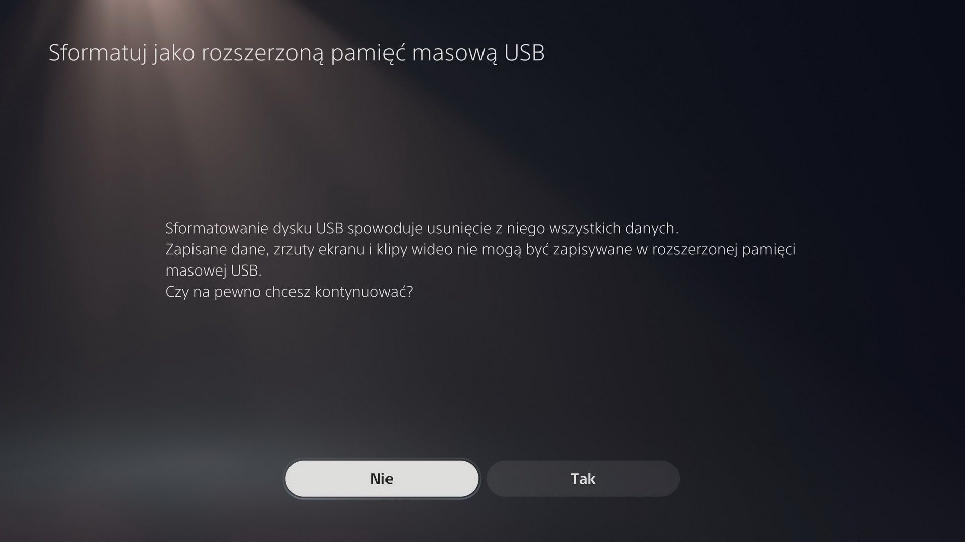 Dysk PS5 - potwierdzenie formatowania dysku zewnętrznego