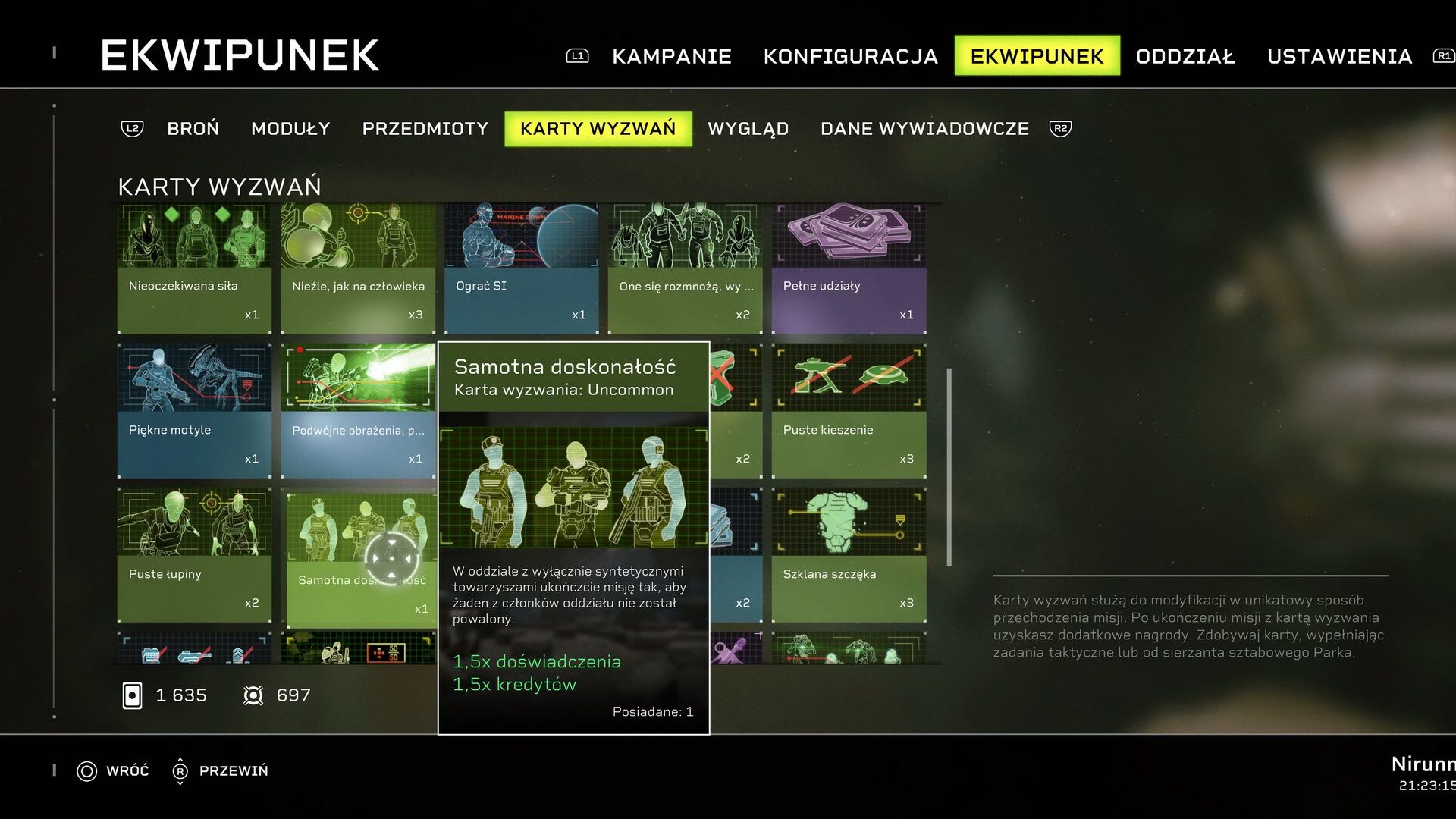 Aliens: Fireteam Elite - karty wyzwań w ekwipunku
