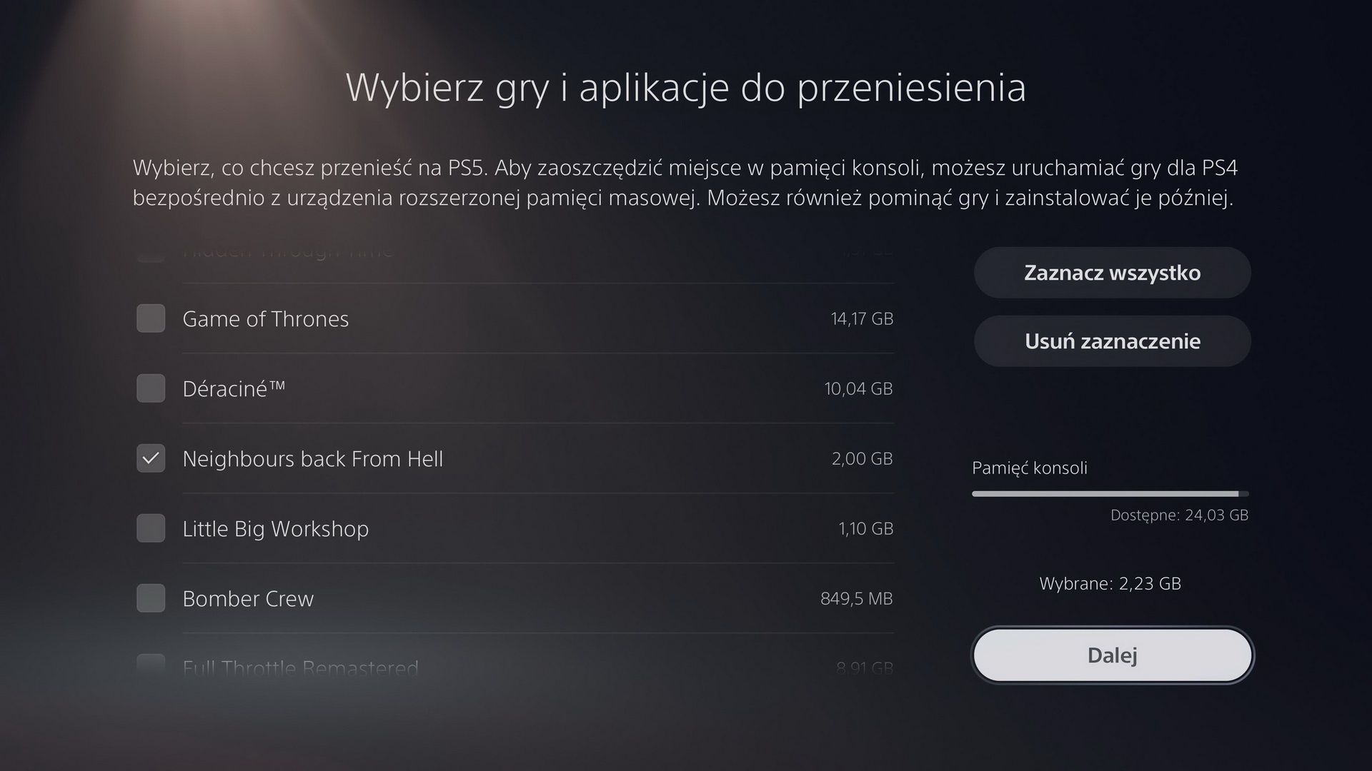 PS5 - wybór gier i aplikacji do przeniesienia z PS4 na PS5