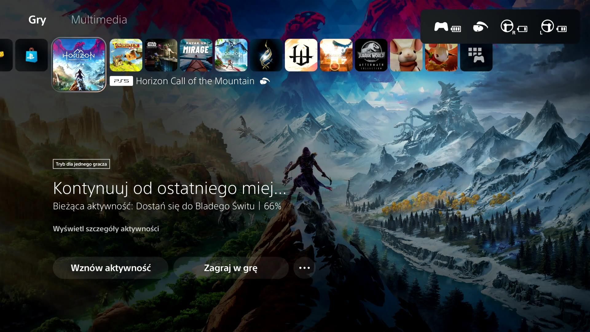 PS VR 2 - ekran menu z informacjami o kontrolerach i goglach