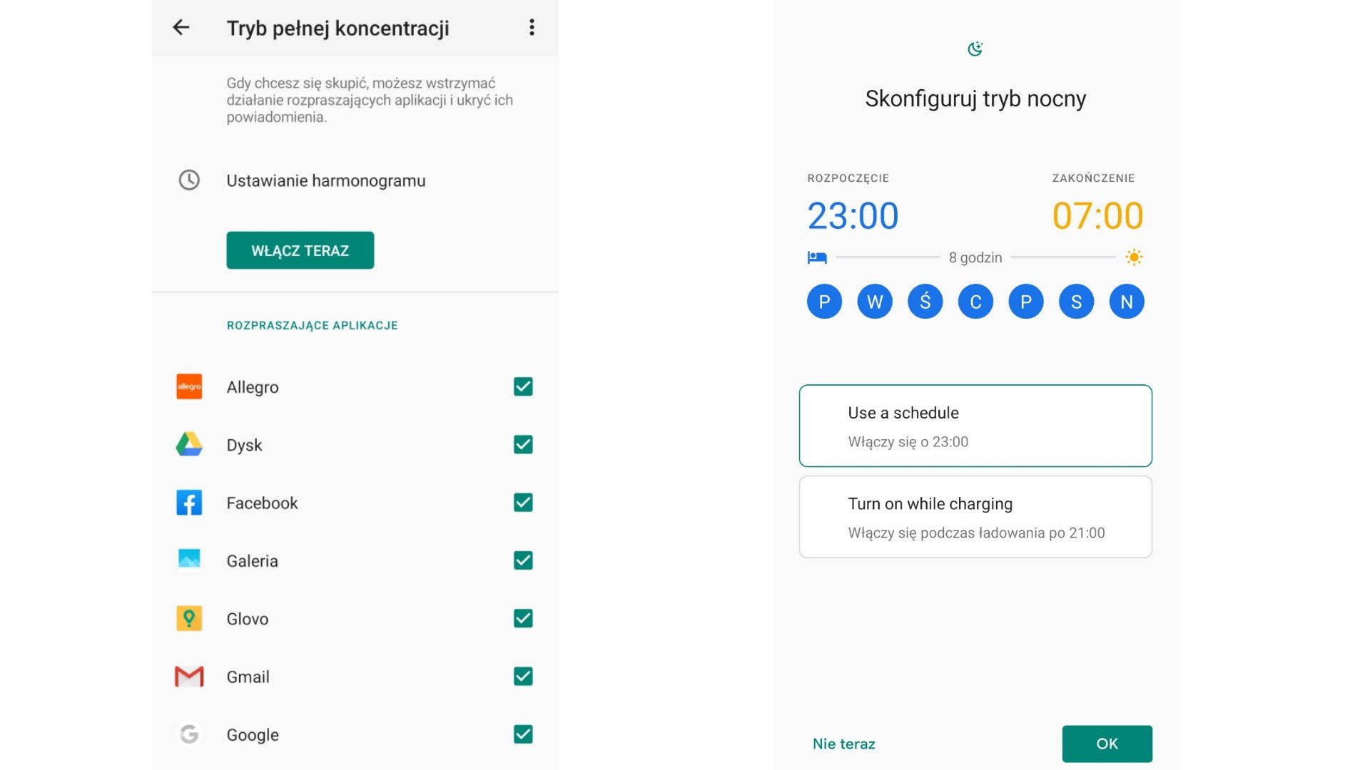 Tryb nocny i tryb pełnej koncentracji