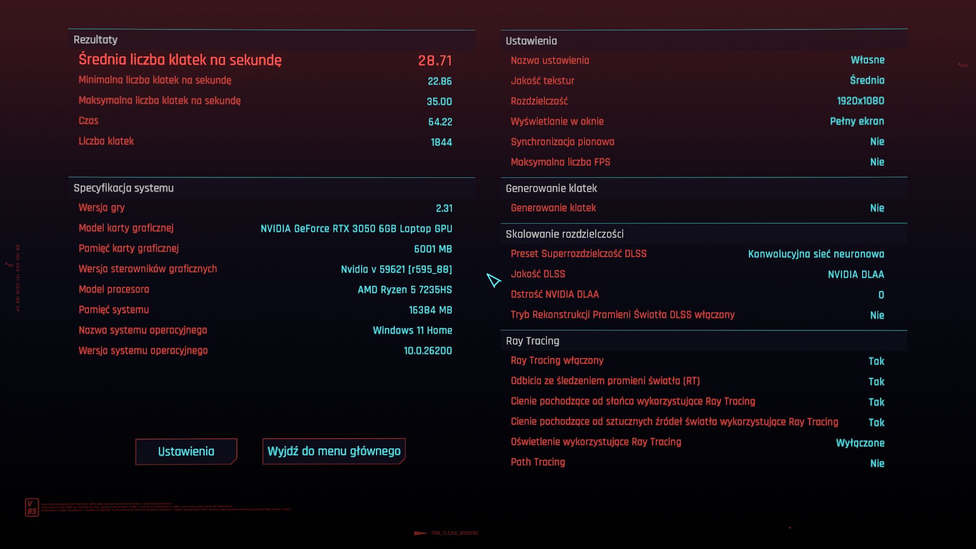 Wydajność LOQ-15 w Cyberpunku 2077 w średnich detalach z włączonym śledzeniem promieni