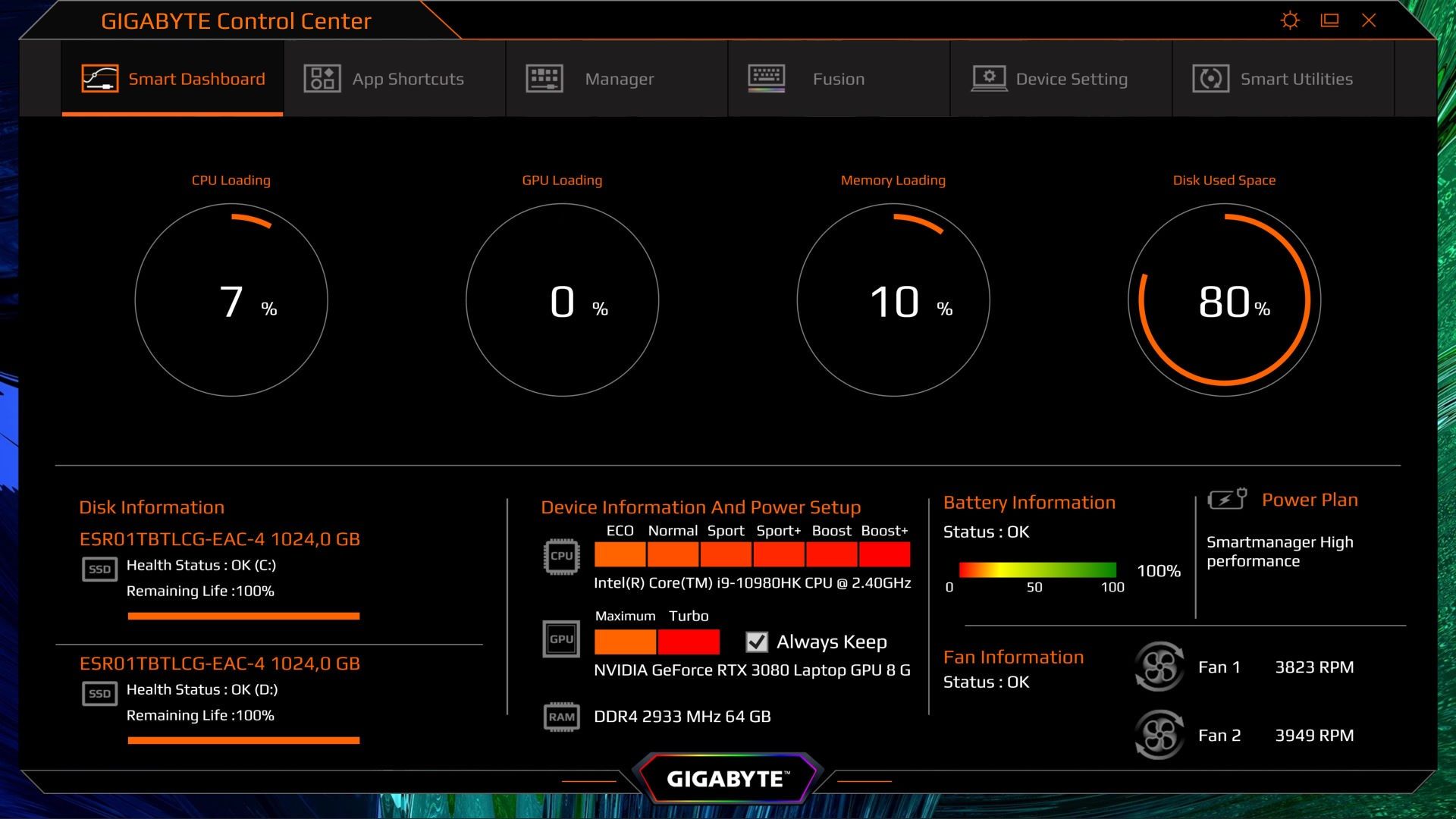 Gigabyte AERO 17 HDR YC - ControlCenter Dashboard