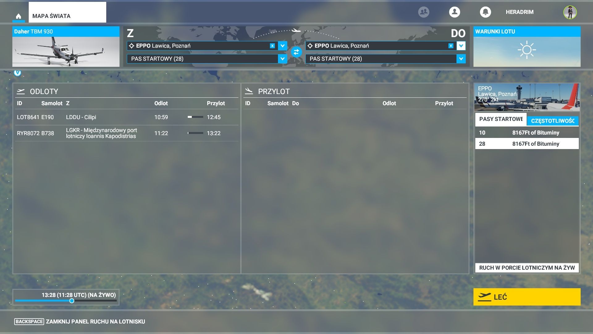 Microsoft Flight Simulator - rzeczywiste odloty z lotniska Poznań - Ławica