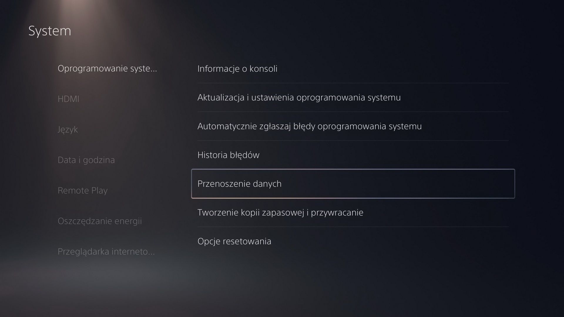 PS5 - opcja przenoszenia danych