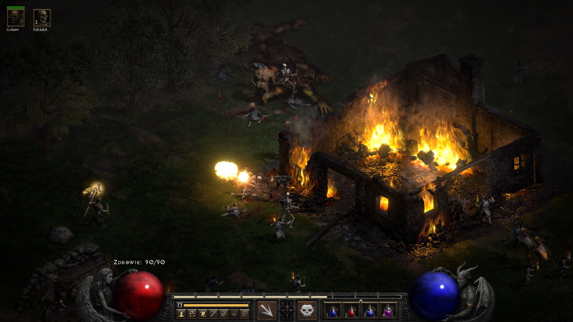 Diablo II: Resurrected - walka obok płonącego domu