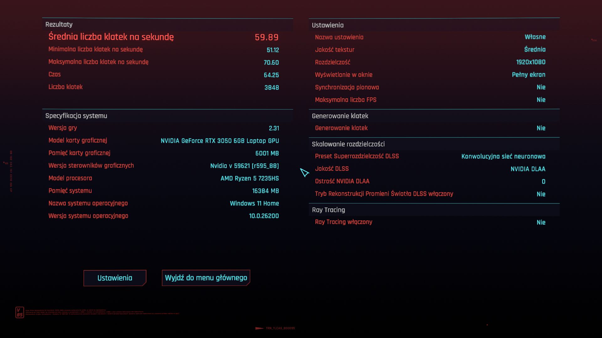 Wydajność LOQ-15 w Cyberpunku 2077 w średnich detalach.