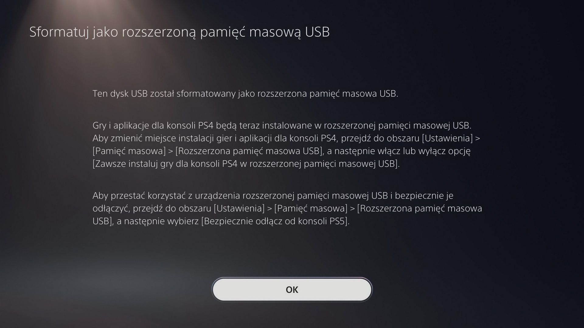 Dysk PS5 - komunikat po prawidłowym sformatowaniu dysku USB