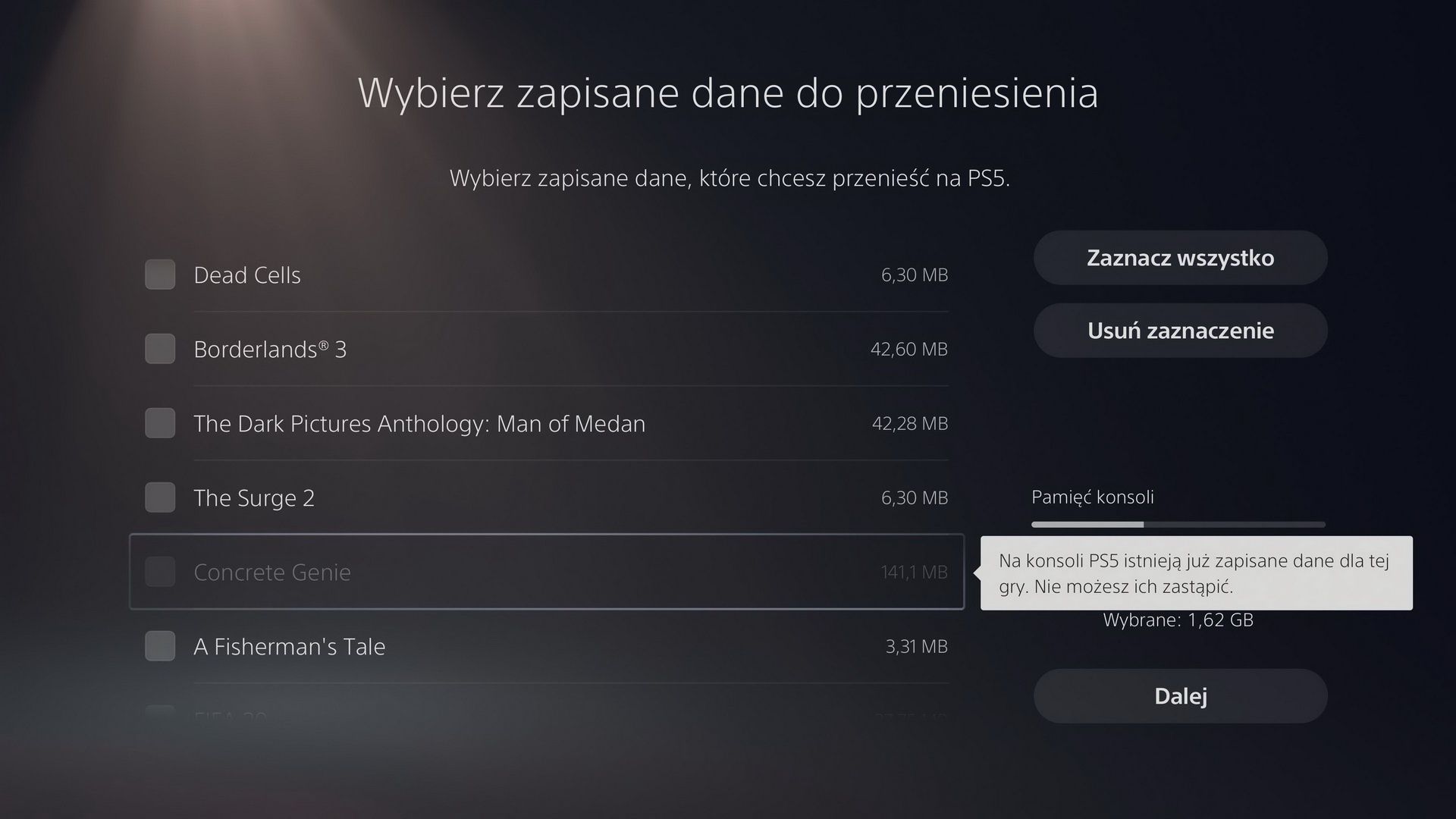 PS5 - dane których nie da się przenieść