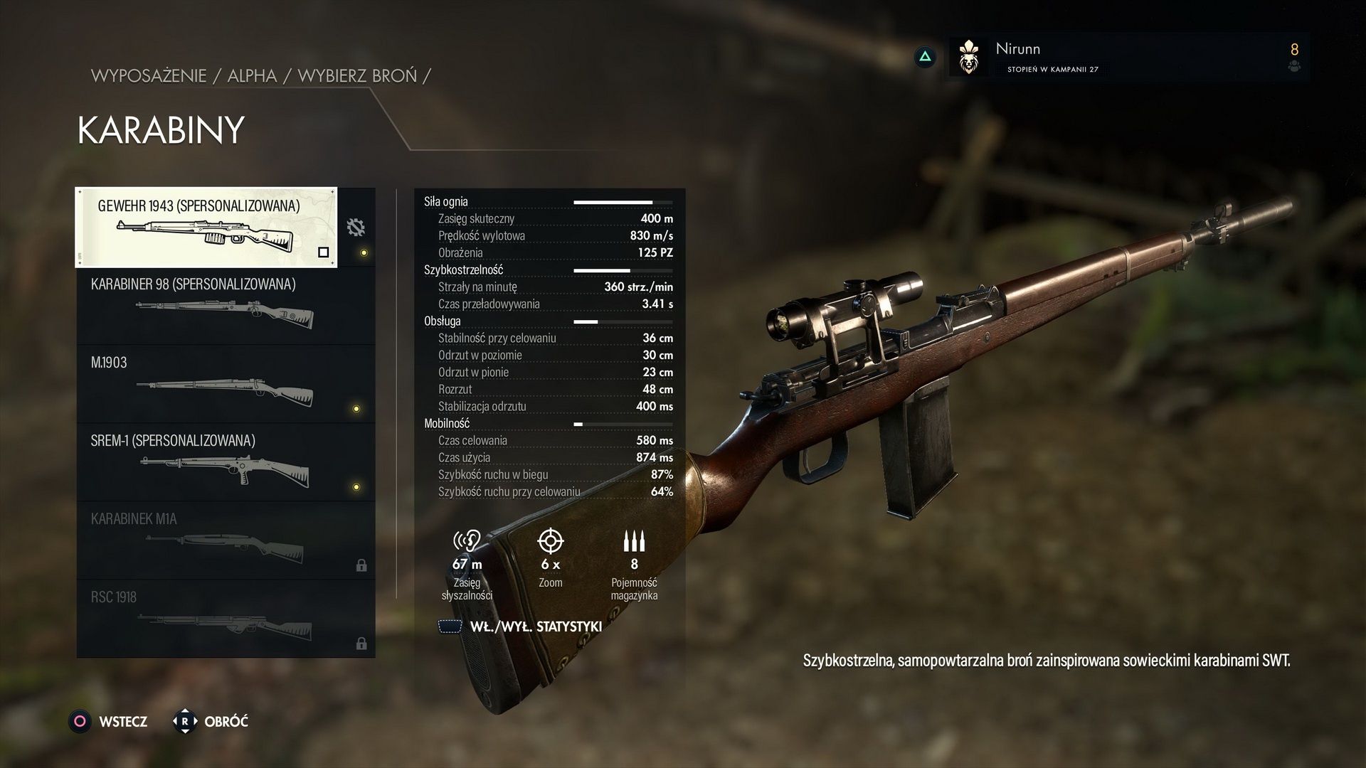Sniper Elite 5 - wybór karabinu i opisujące go parametry