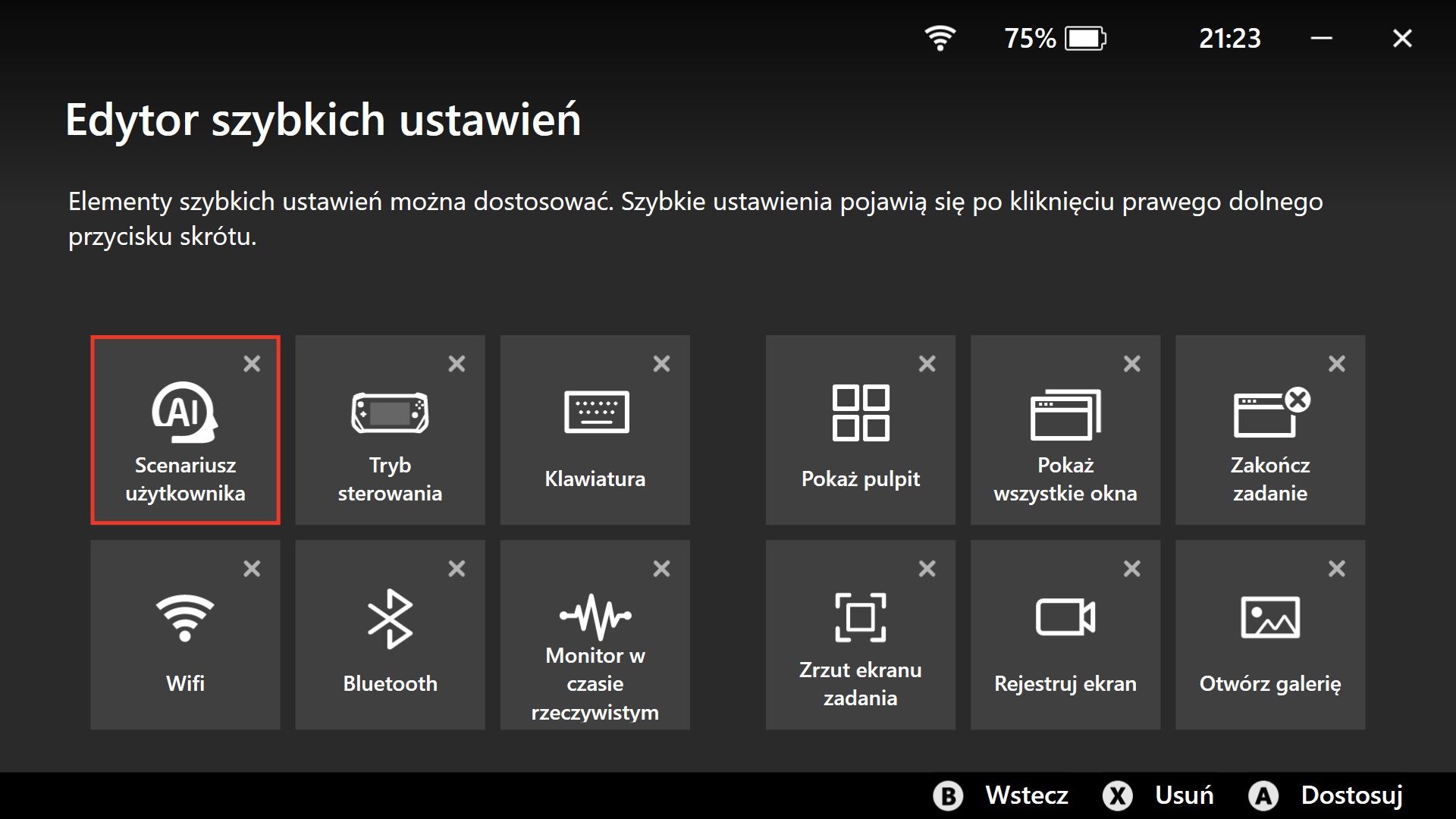 MSI Claw - edytor szybkich ustawień