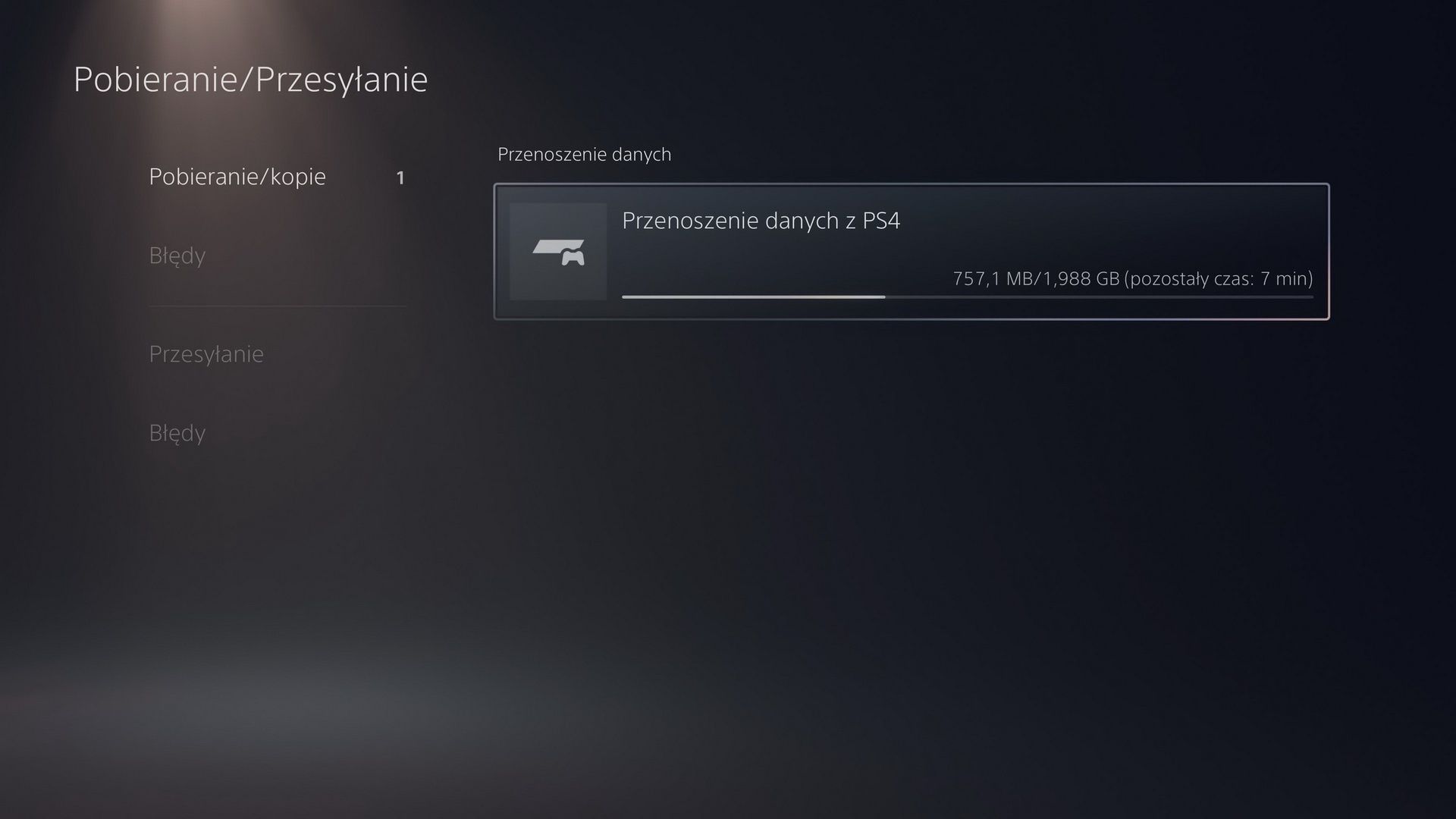 PS5 - podgląd postępu przenoszenia danych z PS4 na PS5