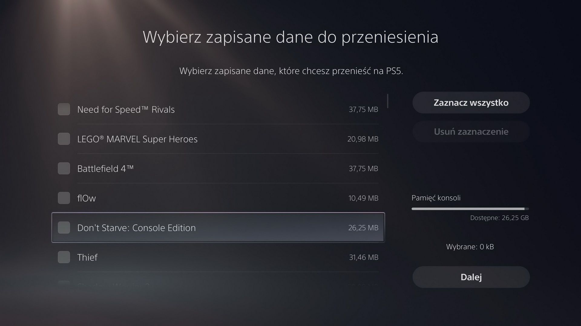 PS5 - wybór danych do przeniesienia na PS5