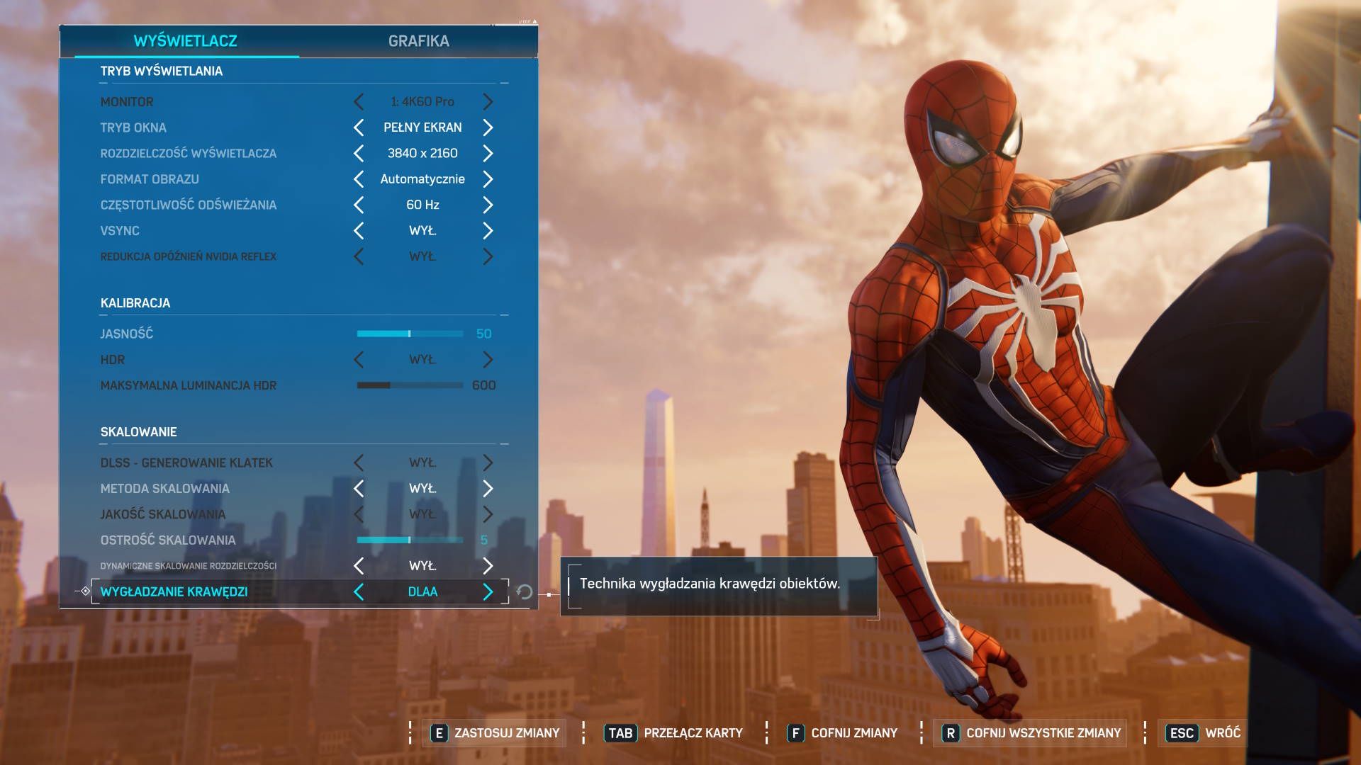 Spider-Man Remastered na PC - menu obrazu