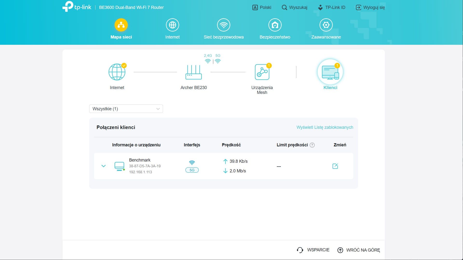 TP-Link Archer BE230 - panel w przeglądarce