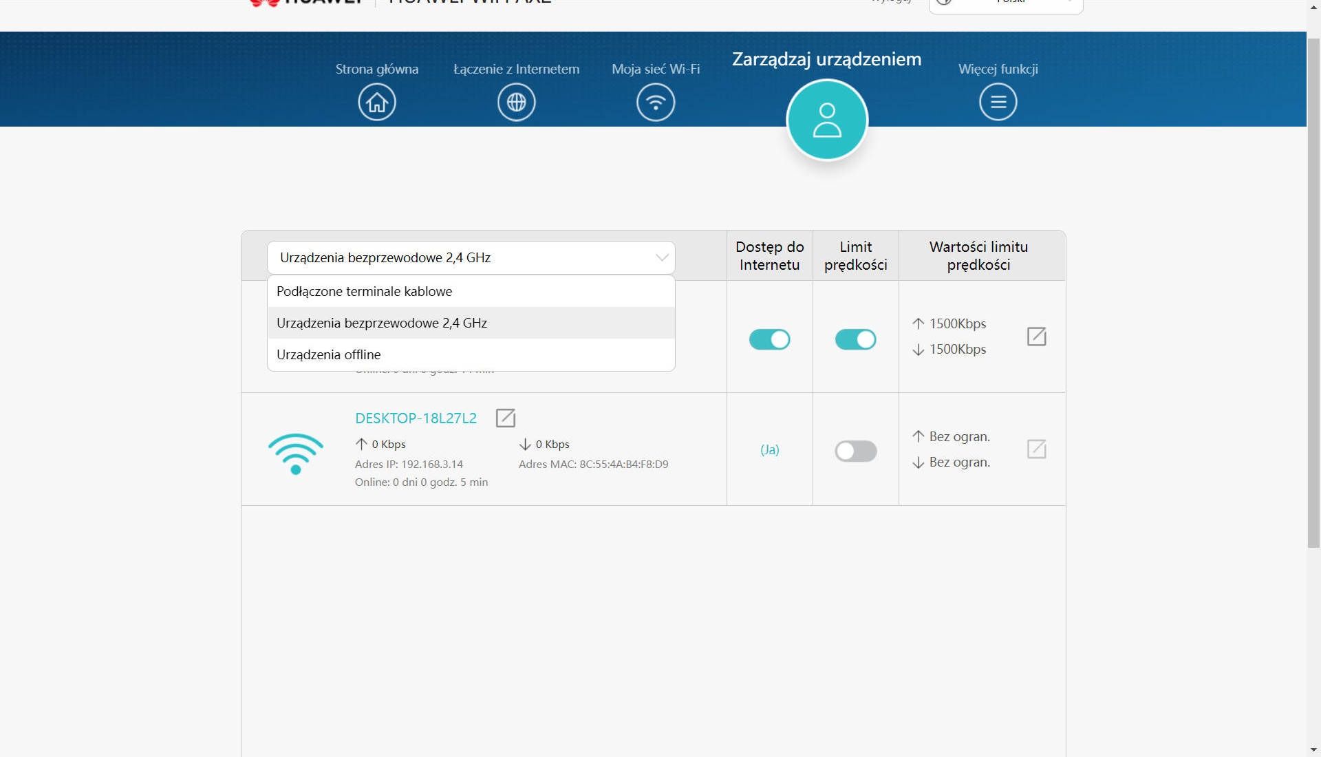 Huawei WiFi AX2 - zarządzanie klientami
