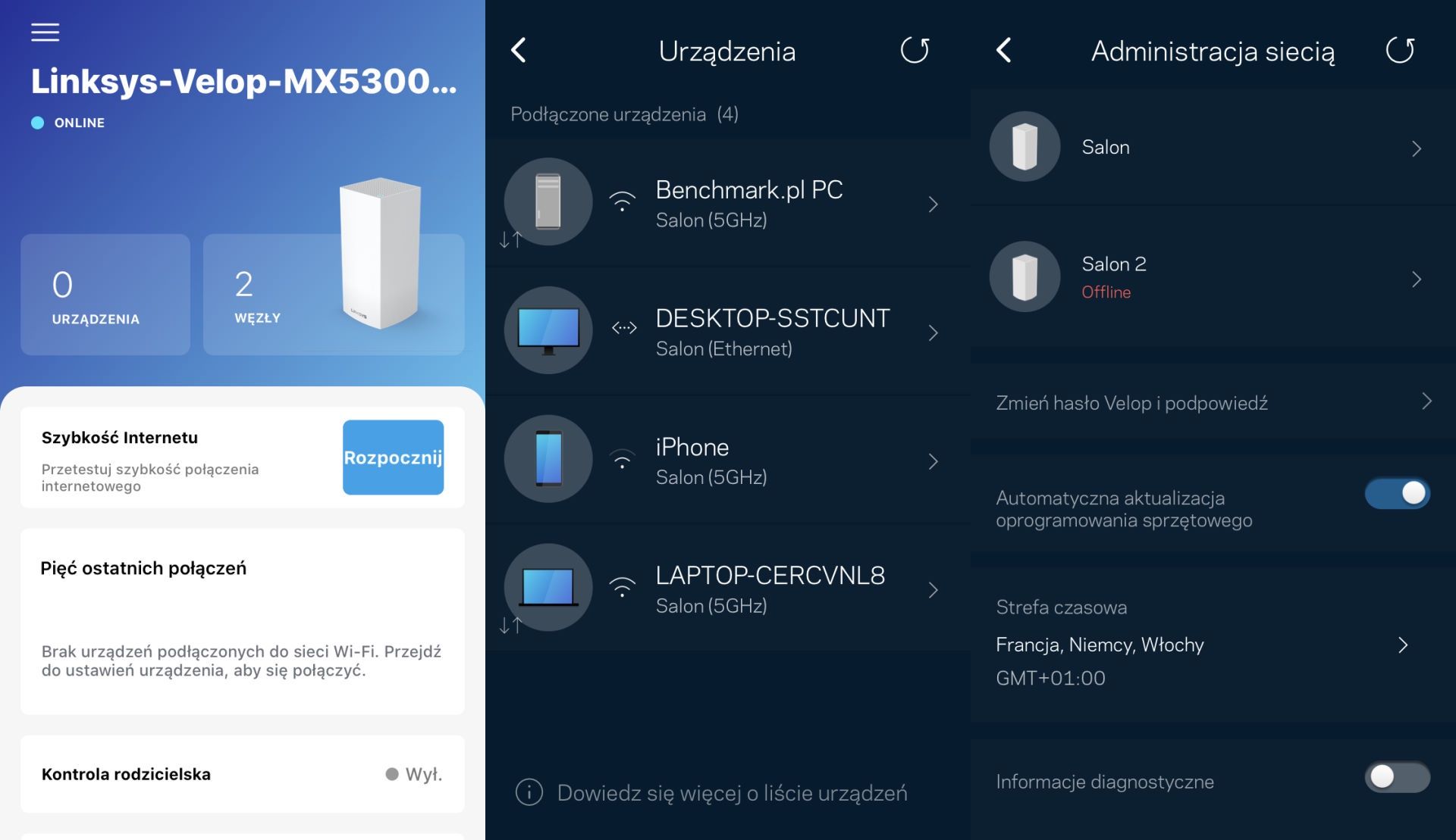 Linksys Velop Whole Home Mesh WiFi 6 MX5300-EU - panel sterowania w aplikacji