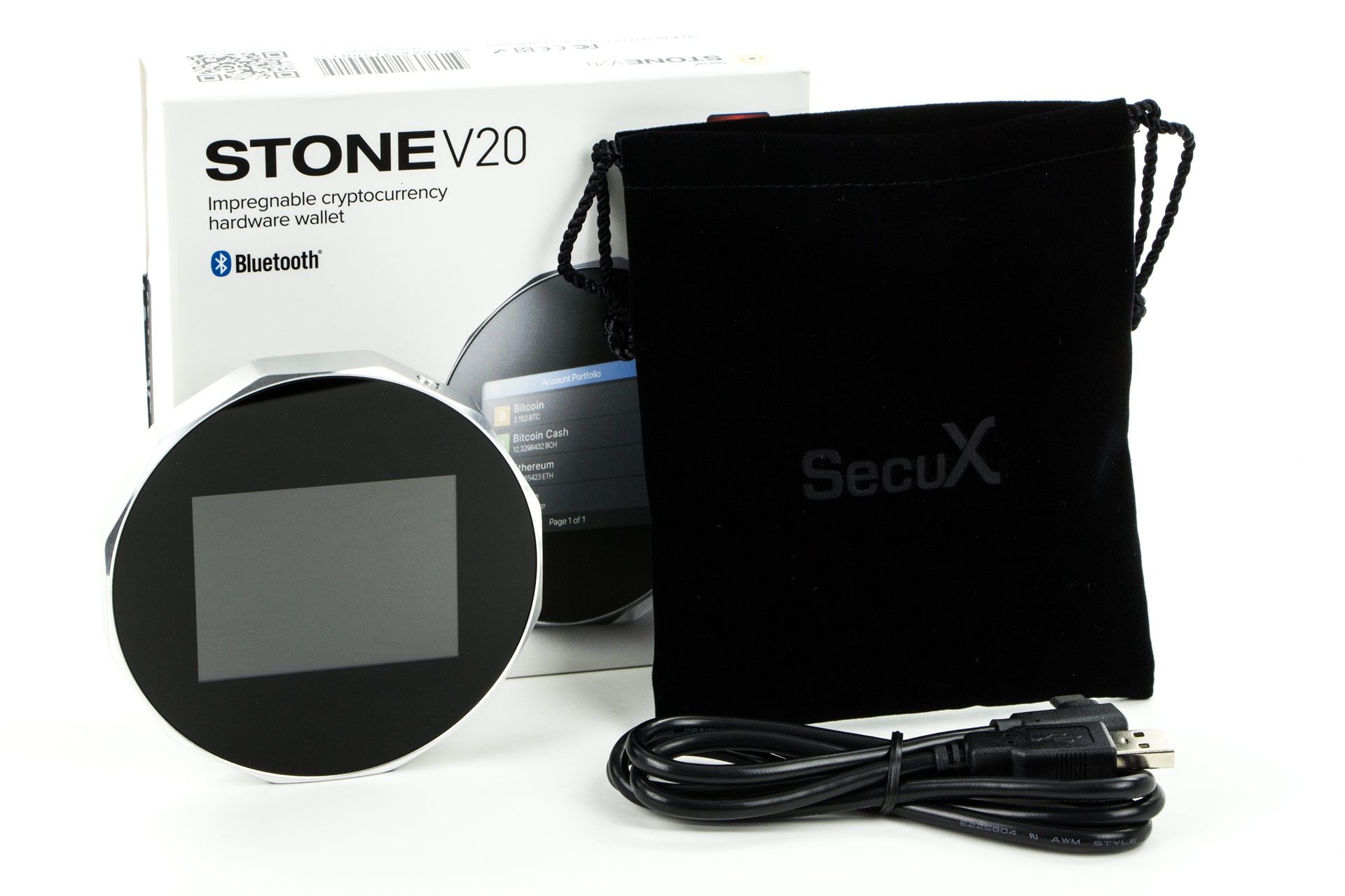 SecuX Stone V20 obok pudełka