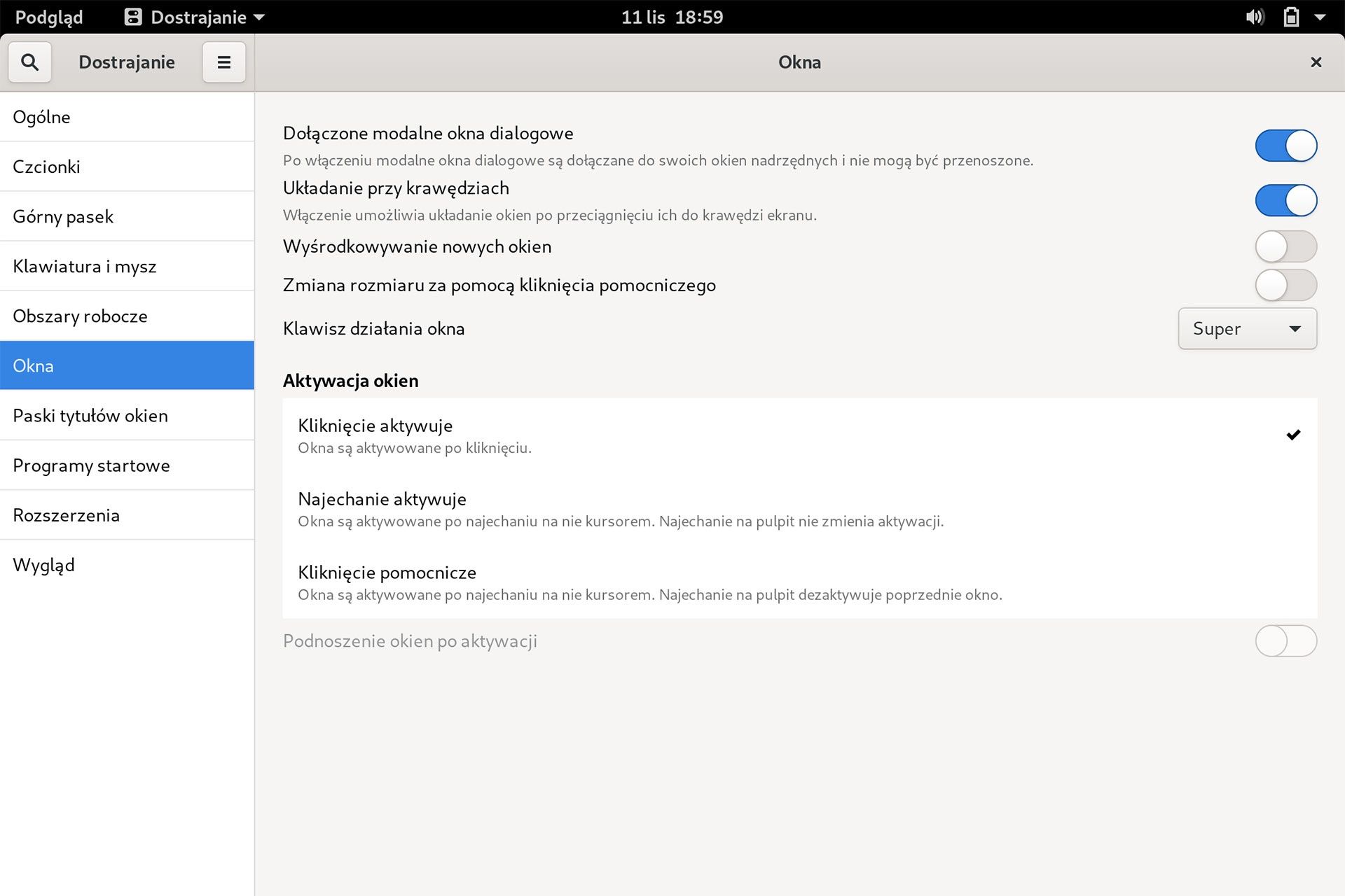 Fedora ustawienia Gnome - standardowy interfejs Gnom