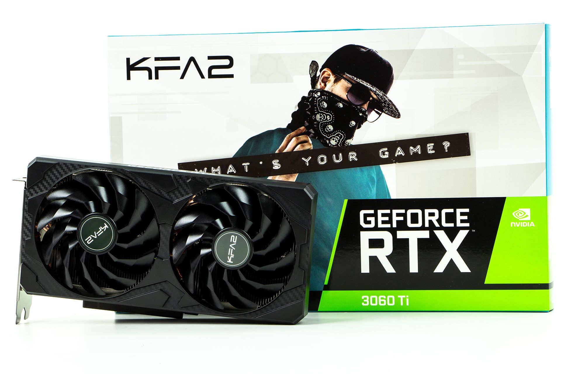 KFA2 GeForce RTX 3060 Ti 8 GB GDDR6X - karta obok pudełka