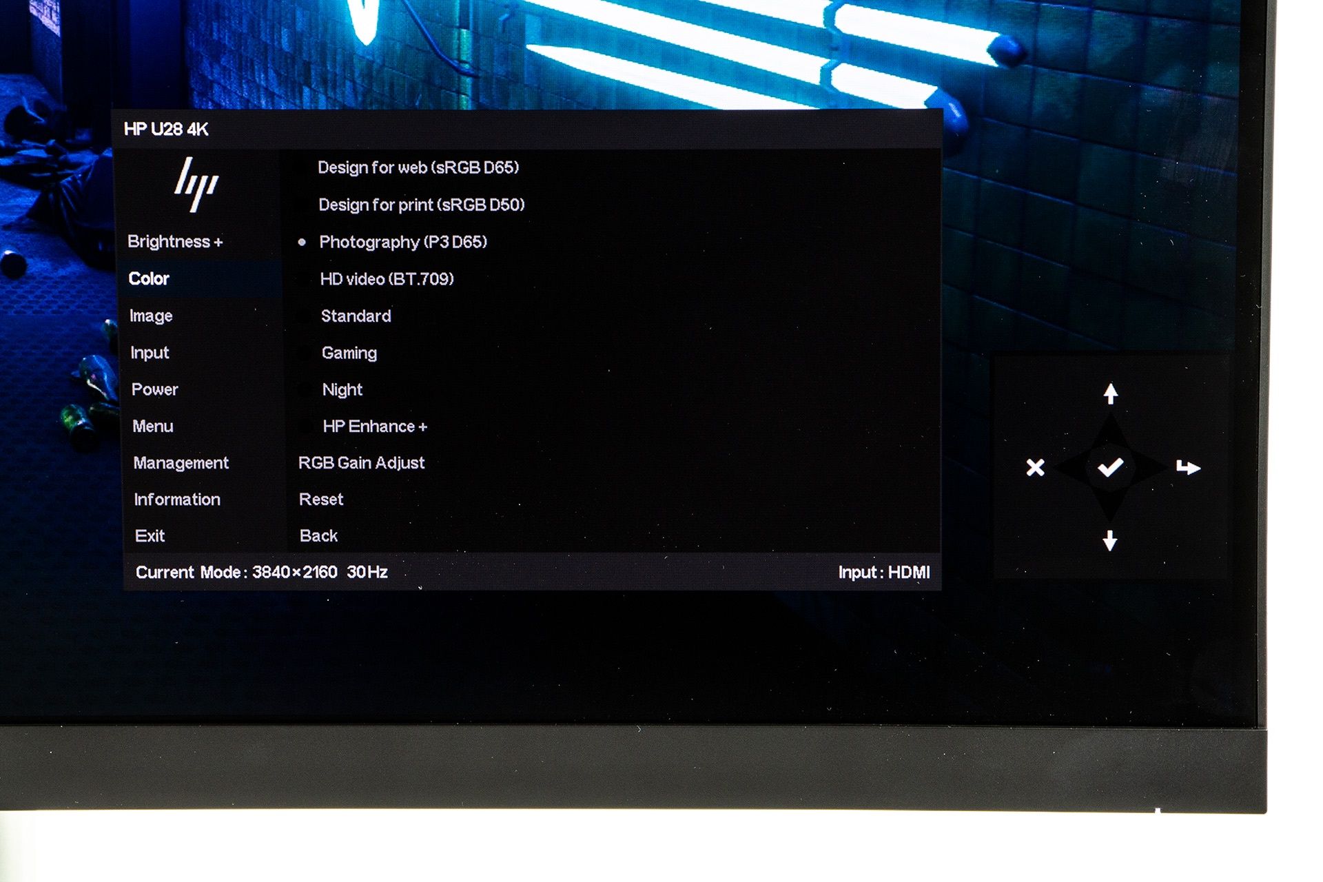HP U28 4K HDR - menu wyboru profilu